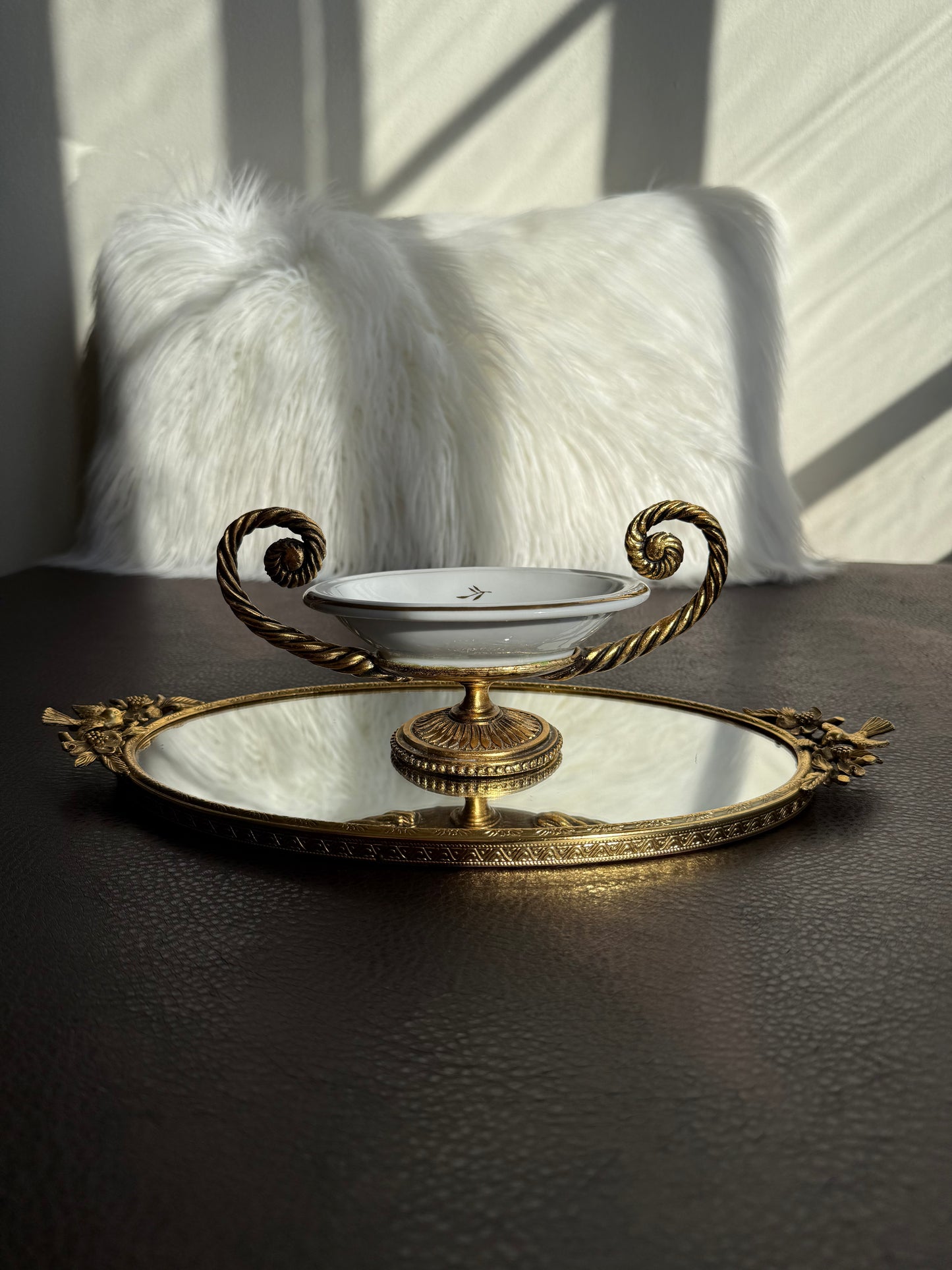 Vintage Victorian Style Porcelain Oval Soap Dish with Gilded Brass Handles