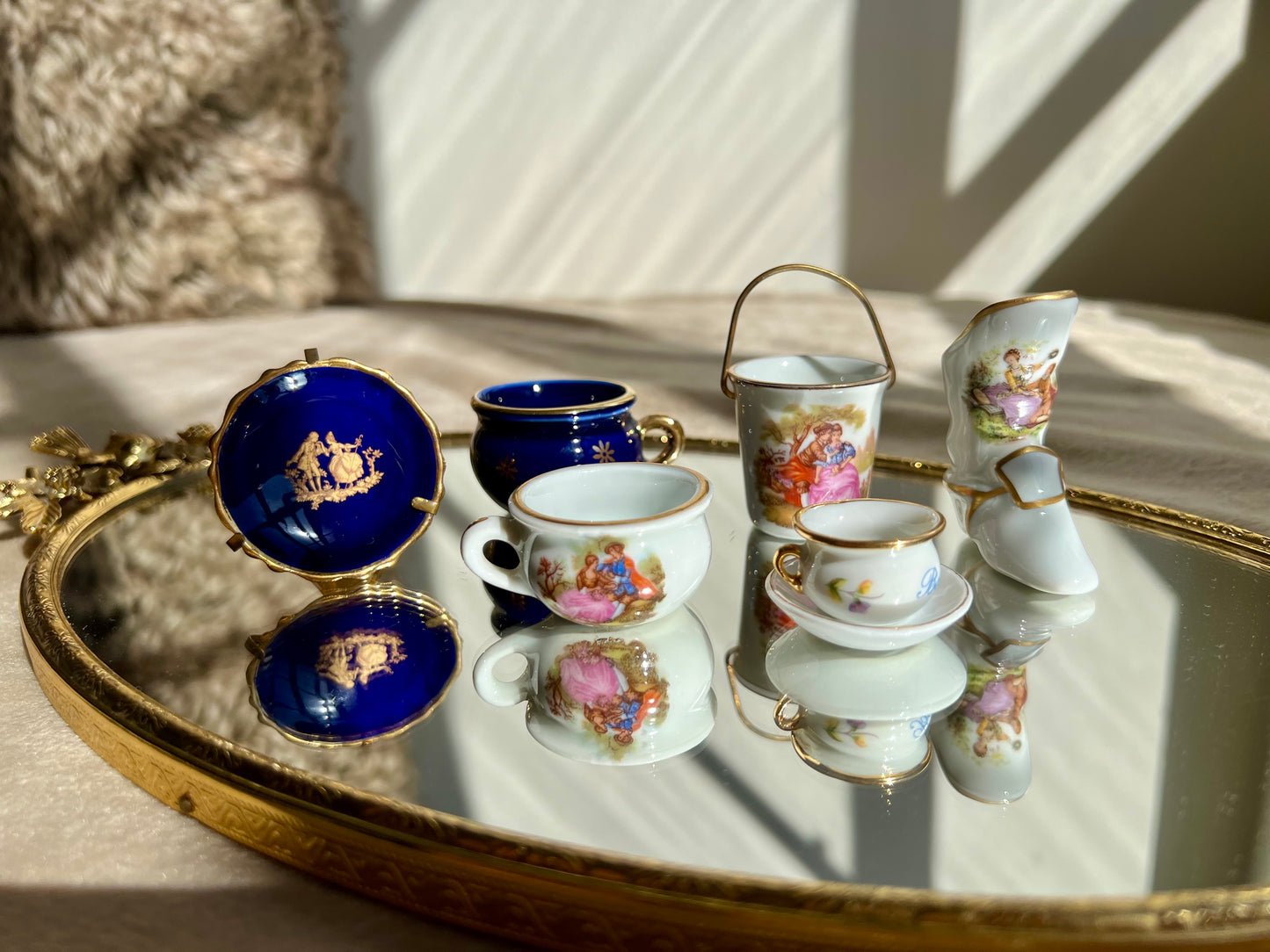 Gold Patterned Cobalt Blue Miniature Limoges Porcelain Plate & Bowl