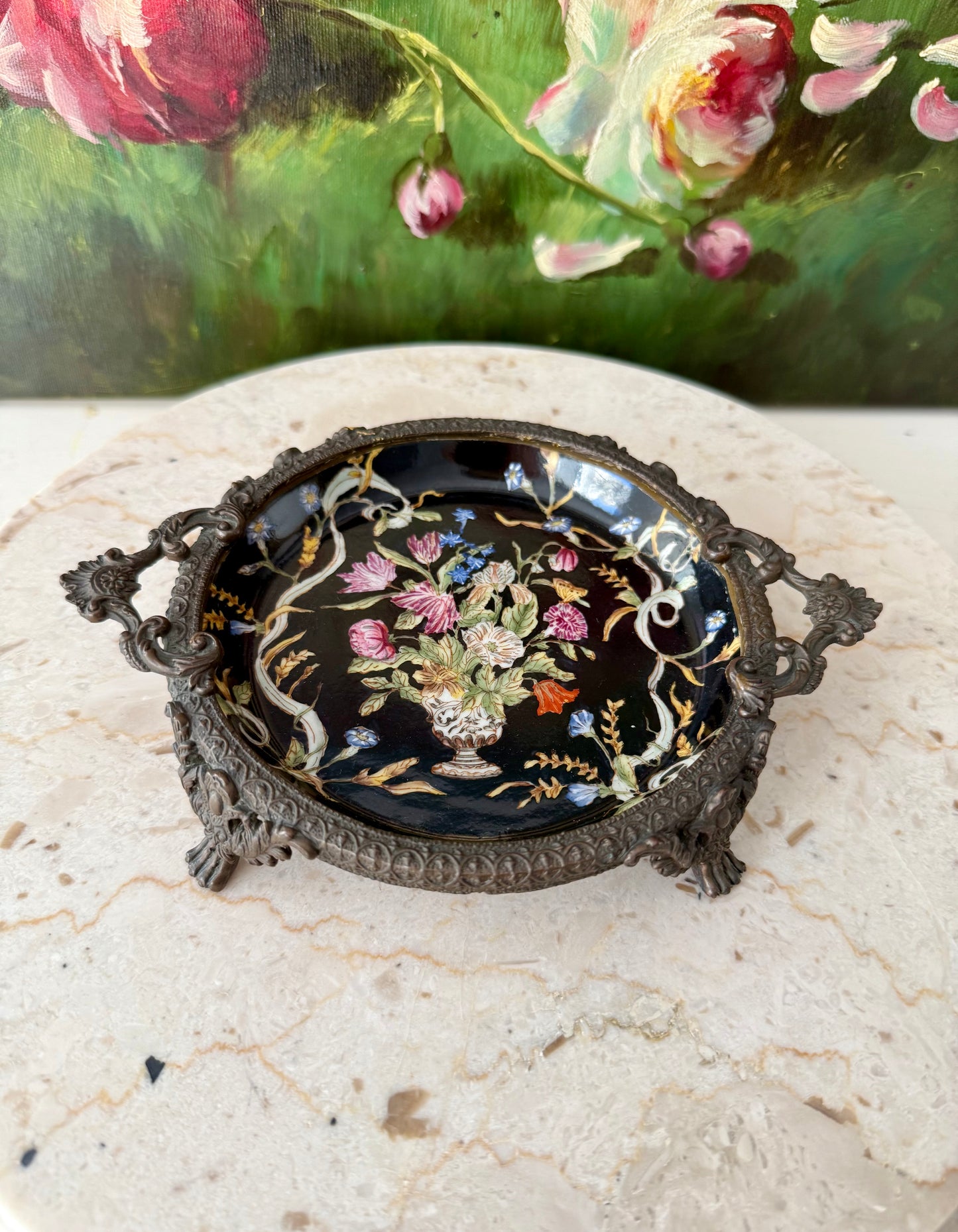 Antique Porcelain Chinese Hua Rong Tang Zhi Bronze Footed, Enameled Hand-Painted Flowers Trinket or Soap Dish, Ornate Tray