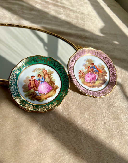 Miniature Vintage Limoges Fragonard Pink & Green Plates With a Courting Couple (2 pc)