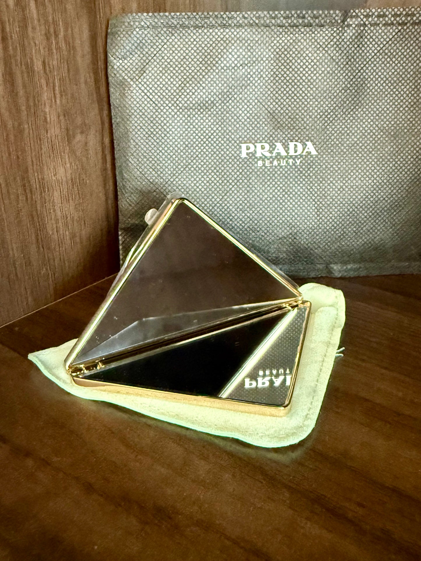 PRADA Beauty Metallic Triangle-shaped Makeup Double Mini Mirror Compact With Pouch Dust Bag - Made in Italy