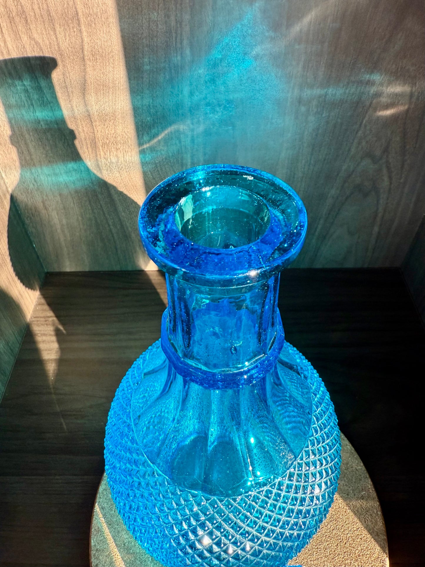 Mid-Century Italian Vintage Empoli-Style Blue Diamond Cut Glass Decanter Bottle