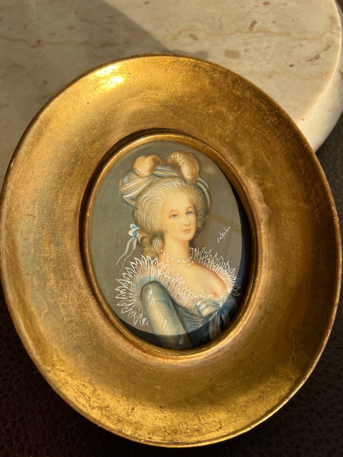 Antique/ Vintage Italian Miniature Oval Gilded Wooden Framed Original Painting Portrait Of Royal Lady Wall Decor c1900's