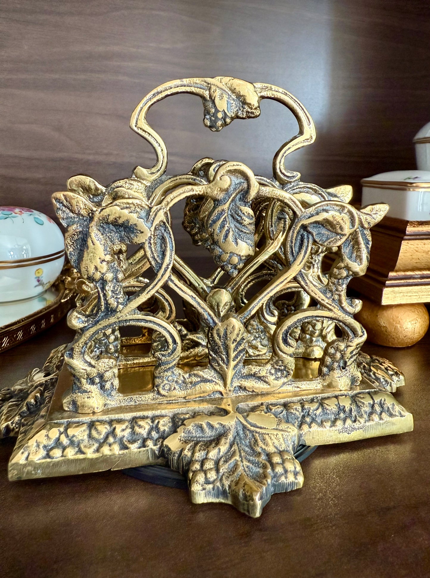 Vintage Brass Letter or Napkin Holder Desk Organizer with Grape Leaf Decoration, Made in England