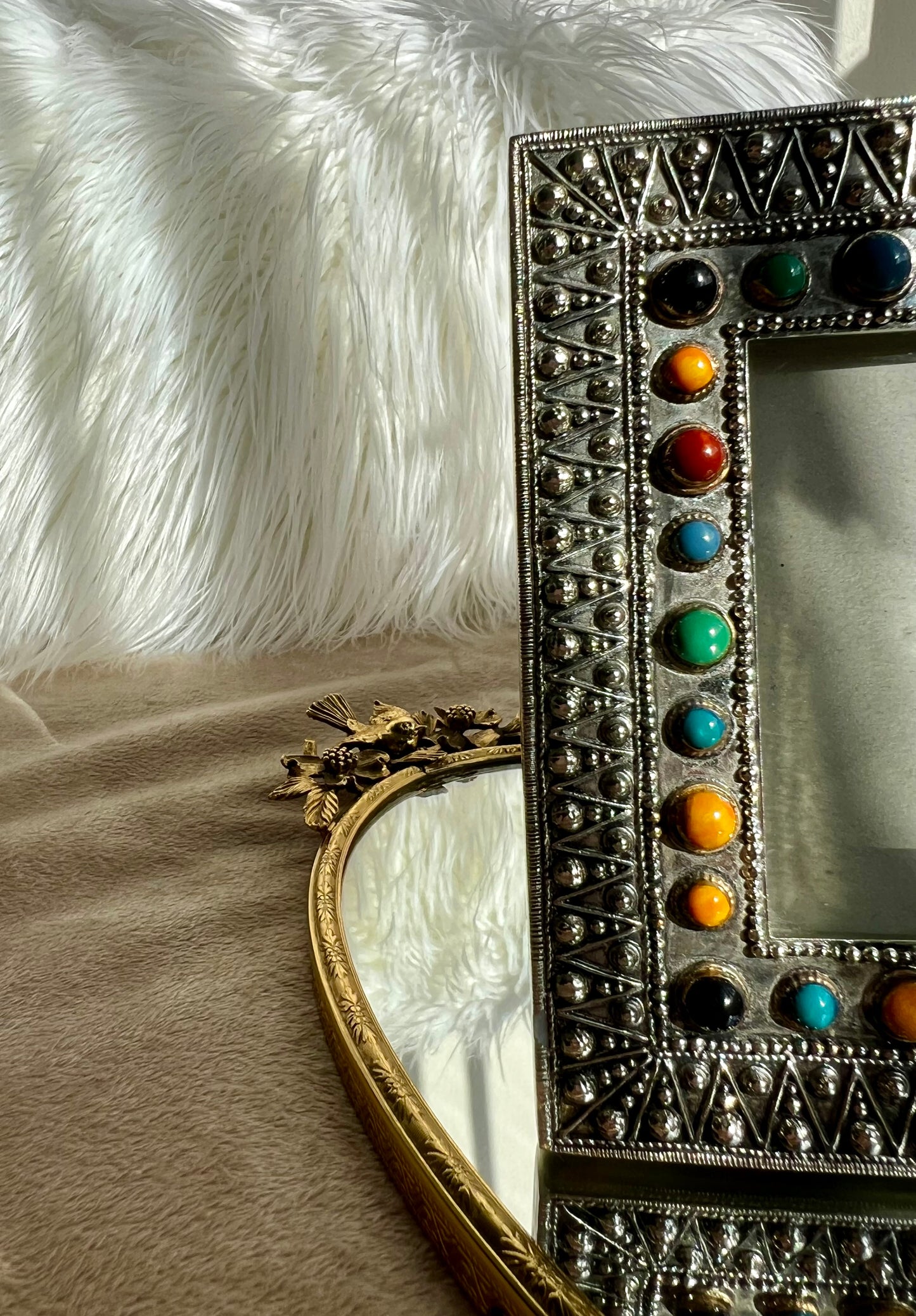 Unique Art Deco/ Pop Up Style Vinatage Silver Photo Frame with Colorful Stones Decorated