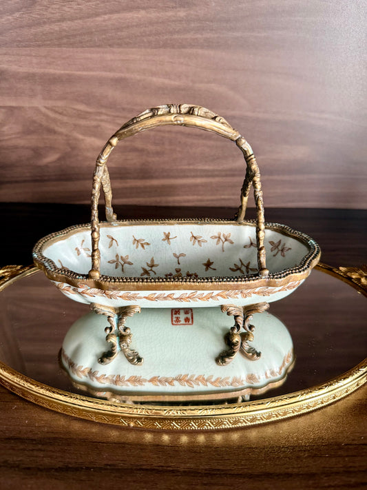 Antique-Looking Art Nouveau Style Porcelain Floral Crackle Glazed Footed Basket Trinket Dish with Bronze Handle