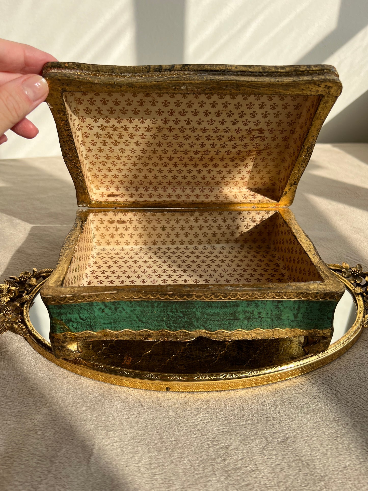 Italian Large Footed Florentine Box, Scalloped Edges, Gilt and Wood