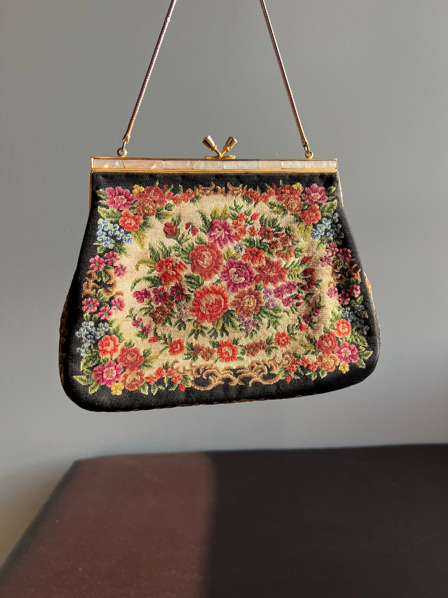 Tapestry Vintage Handbag/ Purse with Floral Rose Decoration and Mother of Pearl Edge, Burgundy Satin Inside