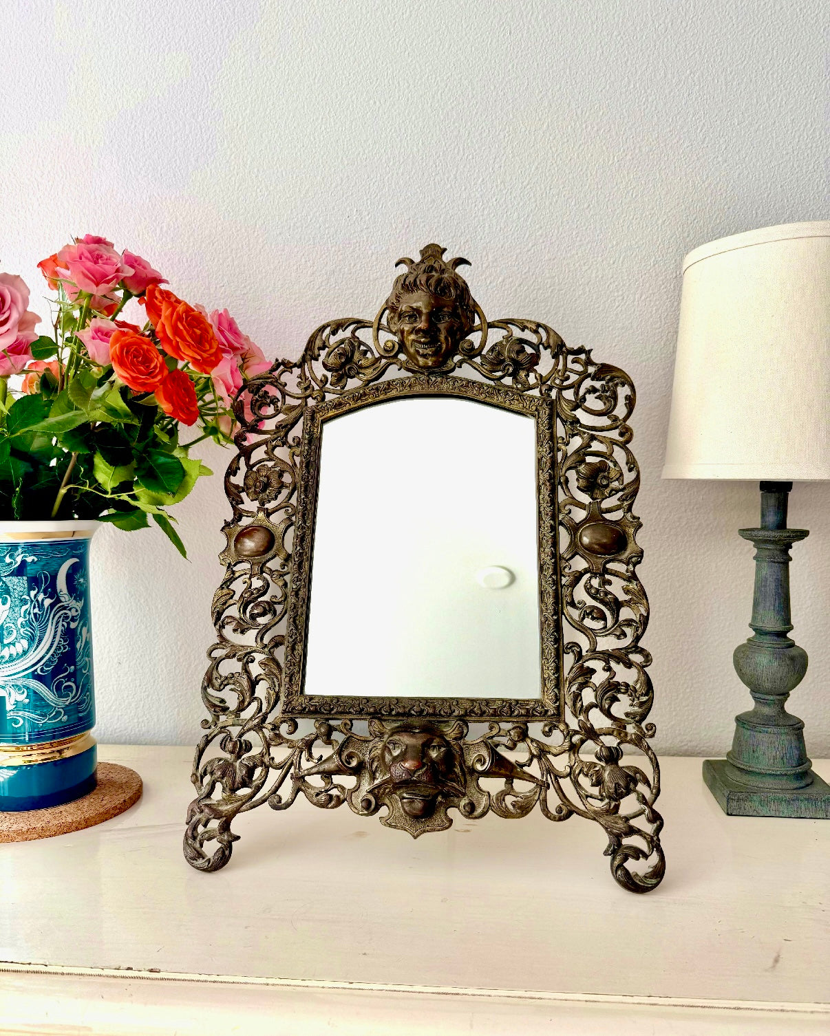 Antique Gilded Cast Iron Cherub and Lion Heads, Victorian French Style Ornate Vanity Table Mirror from Late 19th Century