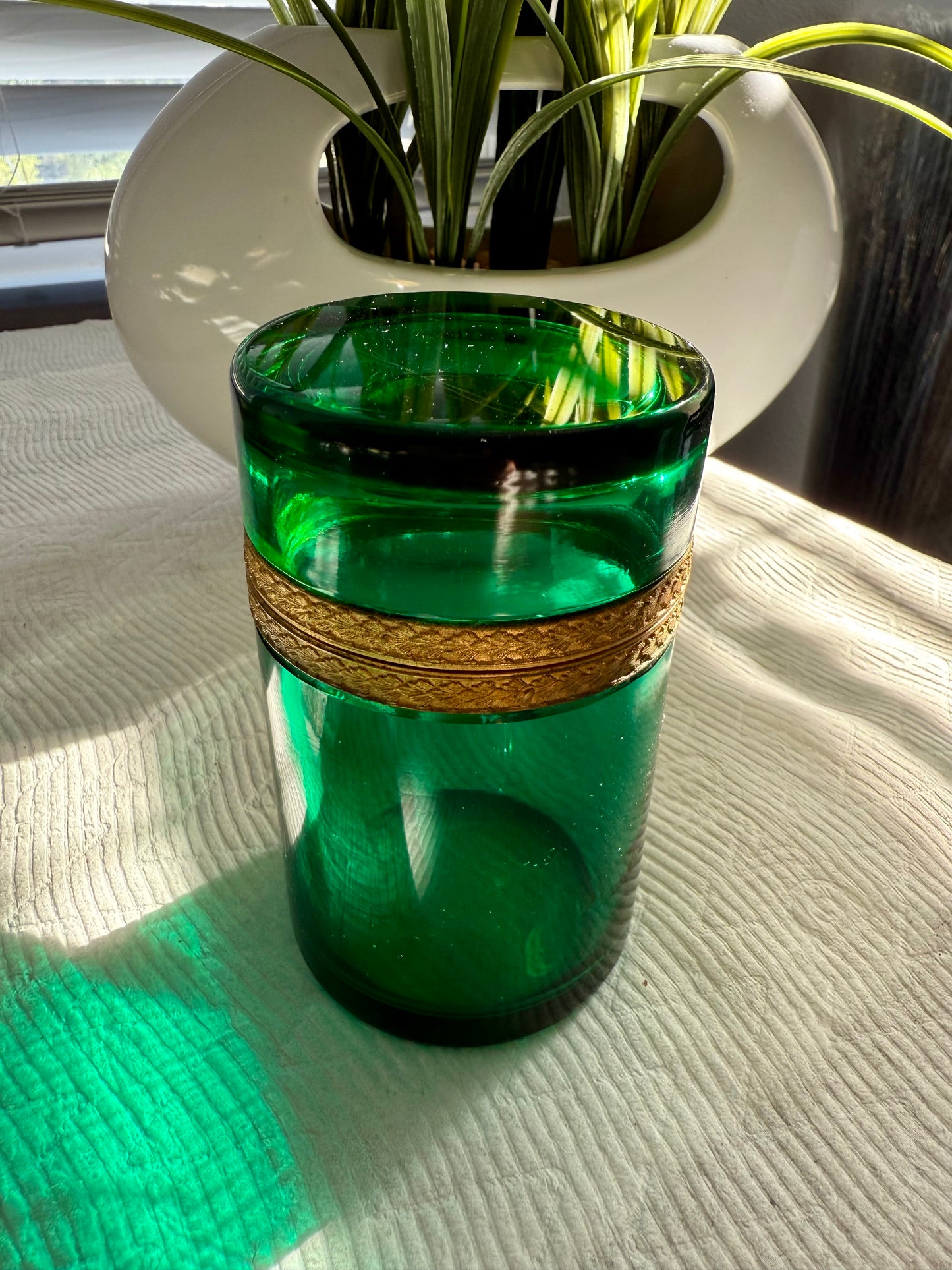 Antique Emerald Green Italian Murano Glass Cylindrical Jewelry or Trinket Box with Bronze Dore Gold Brass Mounts