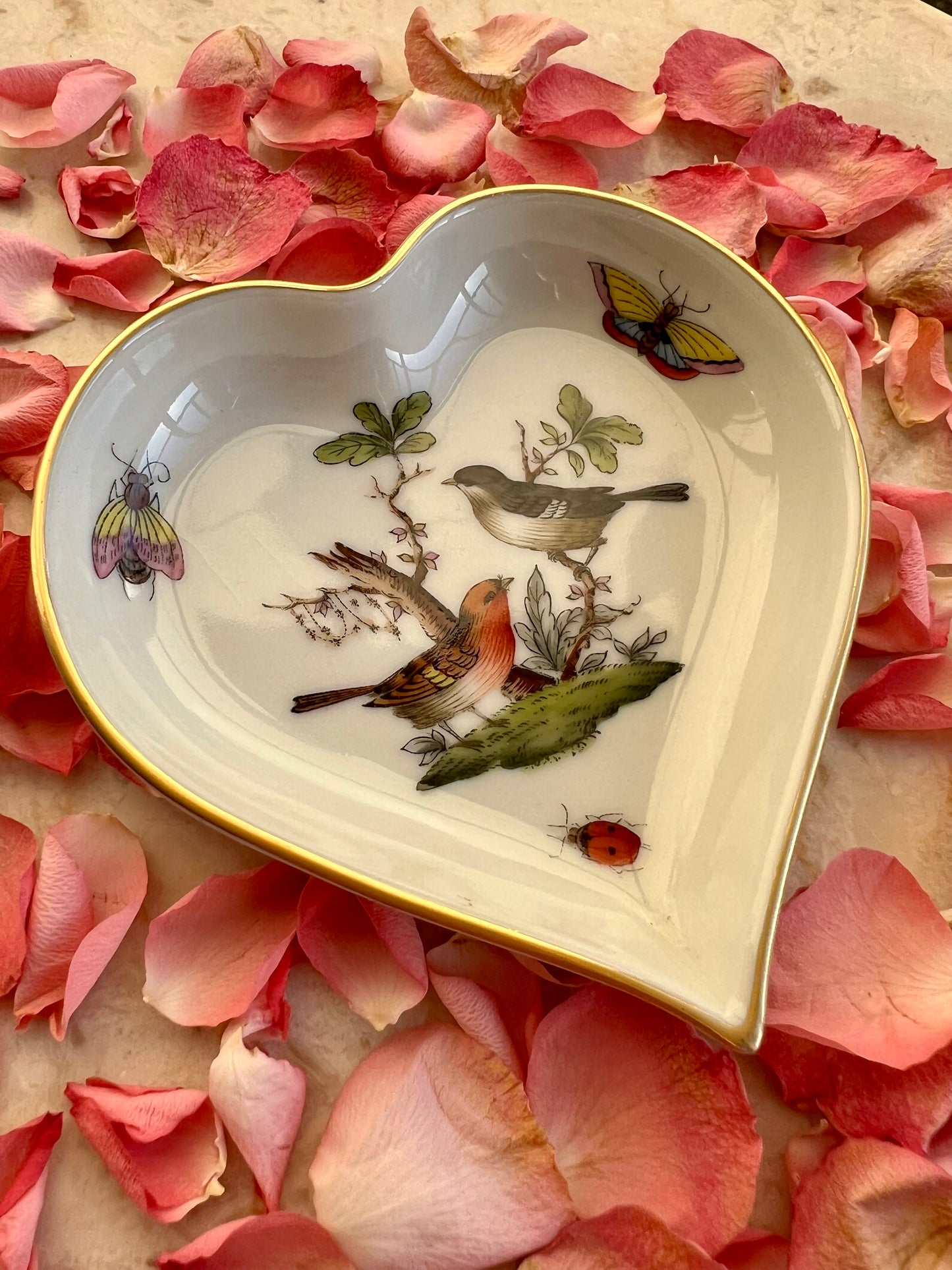 Herend Rothschild Bird Hand Painted Small Heart Tray Vintage Porcelain - Made in Hungary