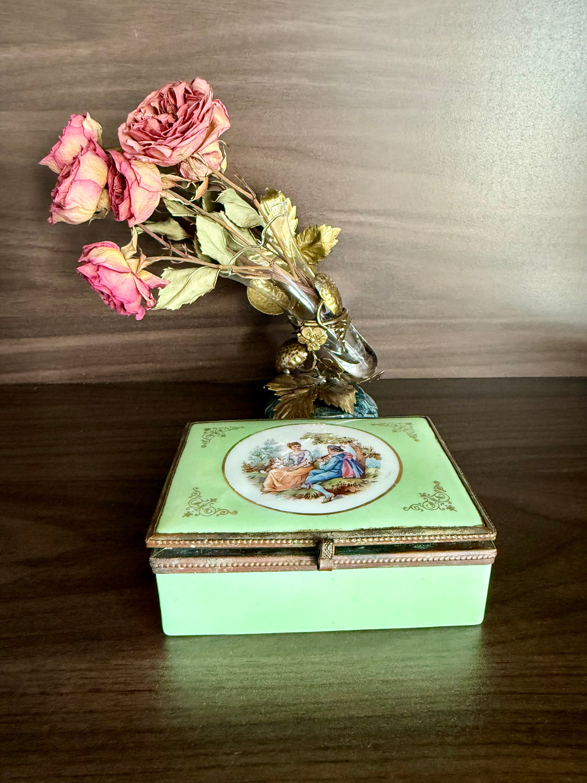 Antique European French Style Green Porcelain Jewelry or Trinket Hinged Box