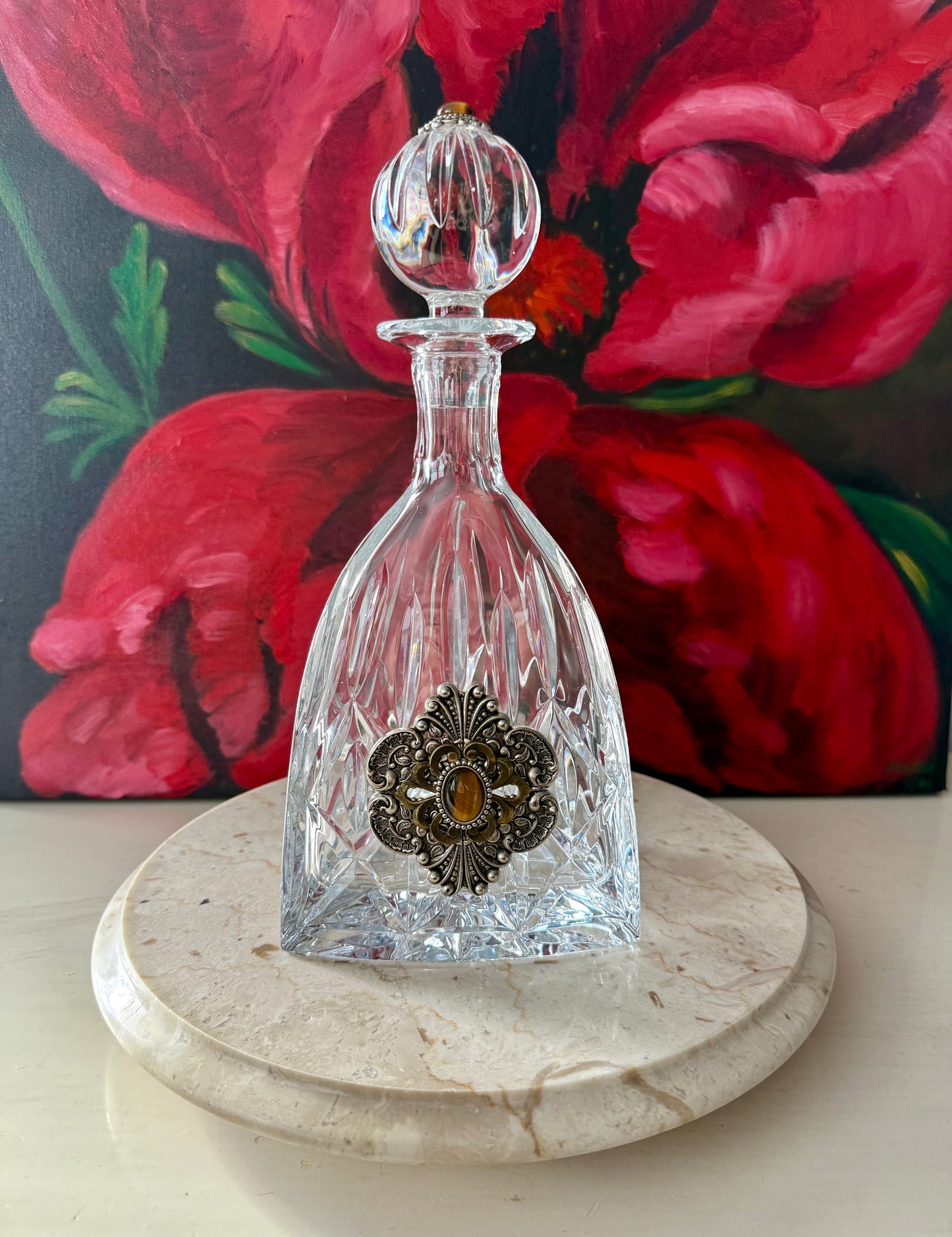 Ann Cichon Dallas Vintage Crystal Decanter with Stopper and Silver Tone Metal Jewels and Stones