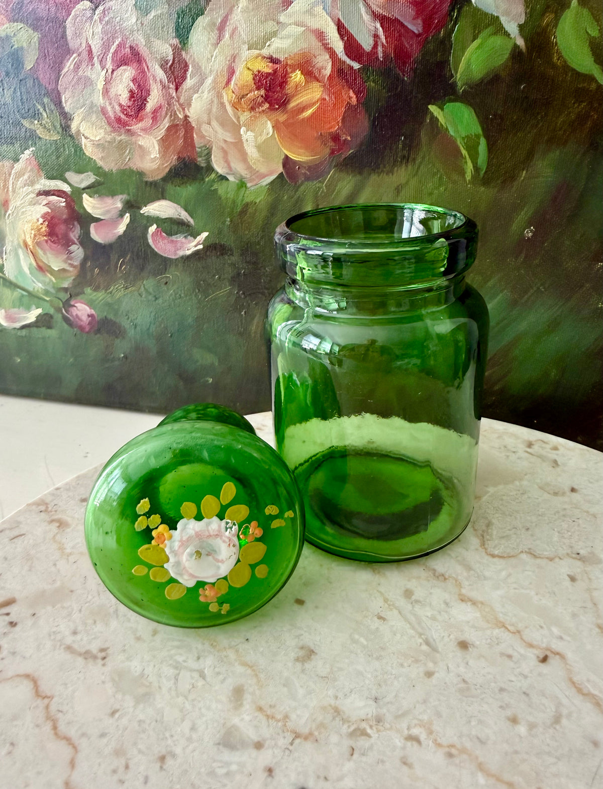 Emerald Green Vintage Belgium Apothecary Jar Glass with Handmade Floral Painting on the Bubble Top Lid