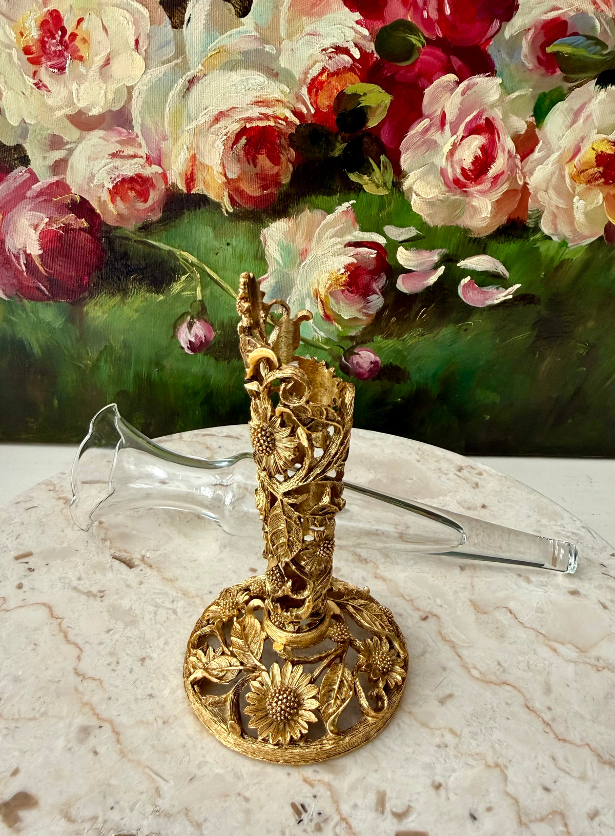 24k Vintage Matson Gold-plated Sunflower Brass Filigree Ormolu with Removable Glass Vase