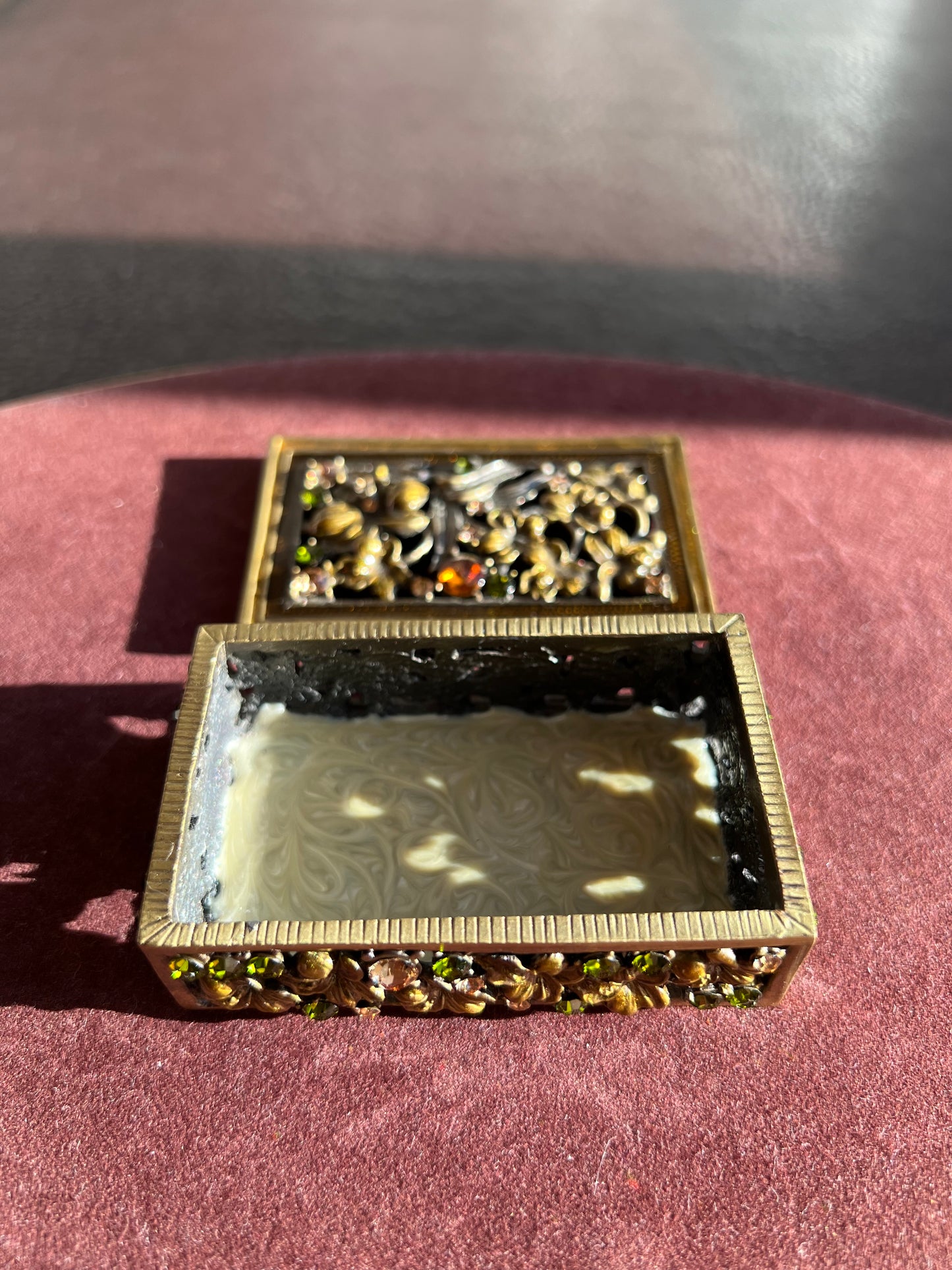 Enameled Vintage Metal Jewelry/ Trinket Box with Colorful Rhinestone Jewels