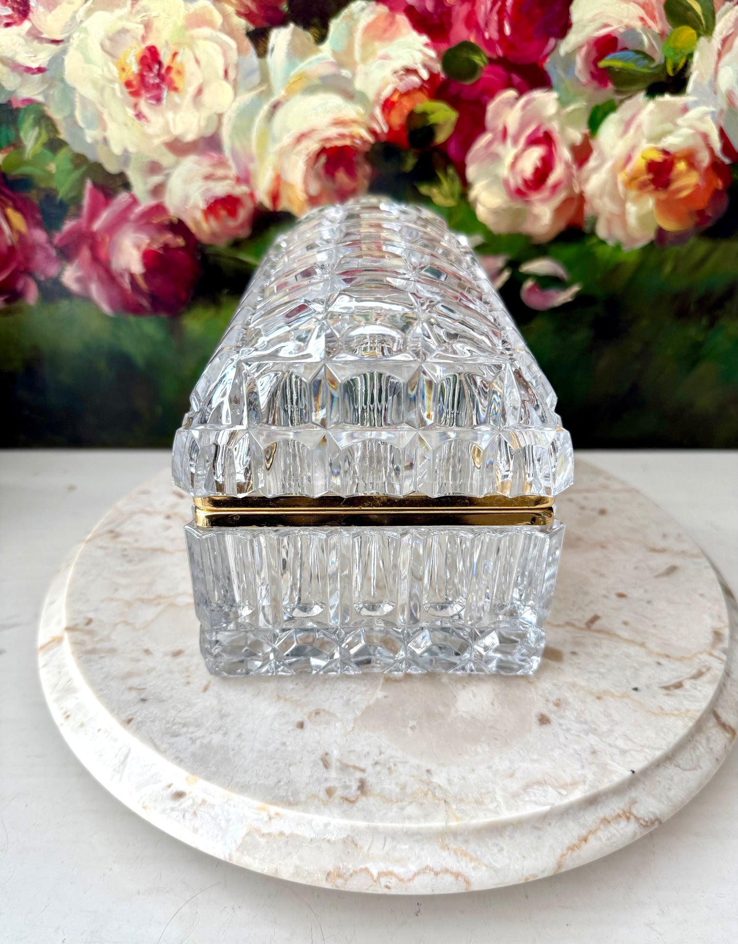 1960s Baccarat Style Heavy Cut Crystal Large Lidded Vintage Jewelry or Trinket Box/ Casket with Brass Frame