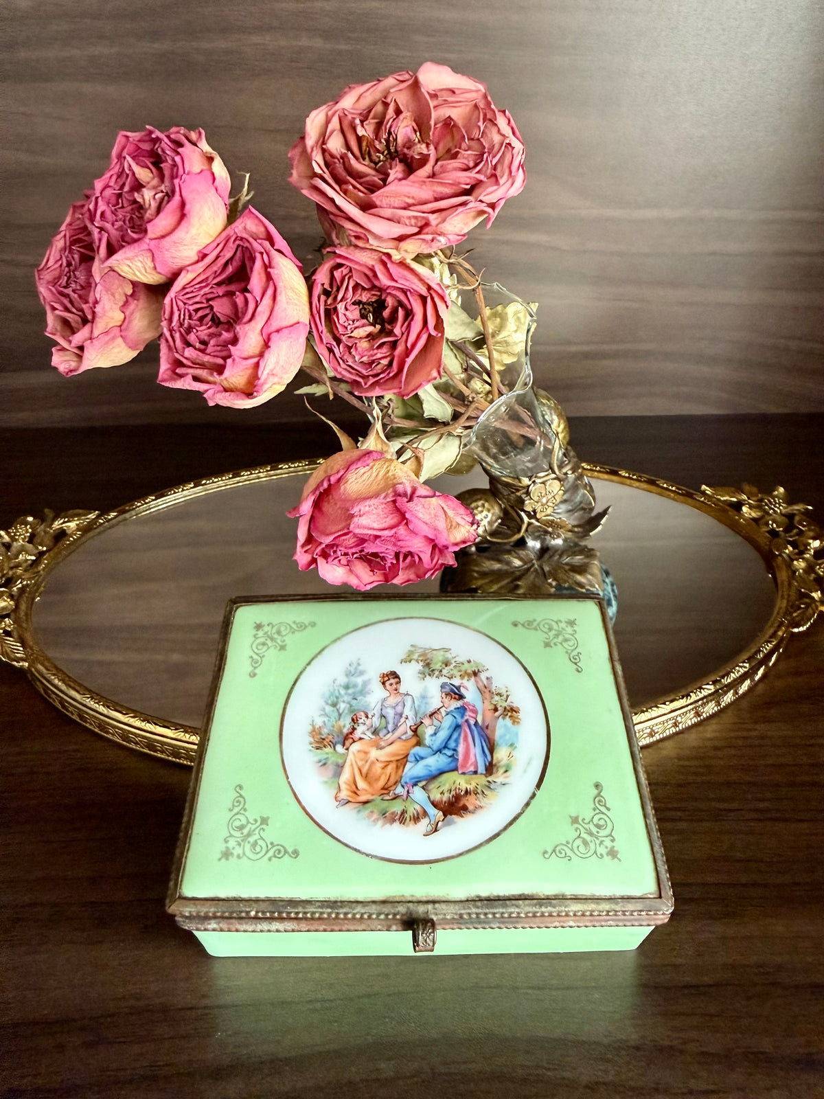 Antique European French Style Green Porcelain Jewelry or Trinket Hinged Box
