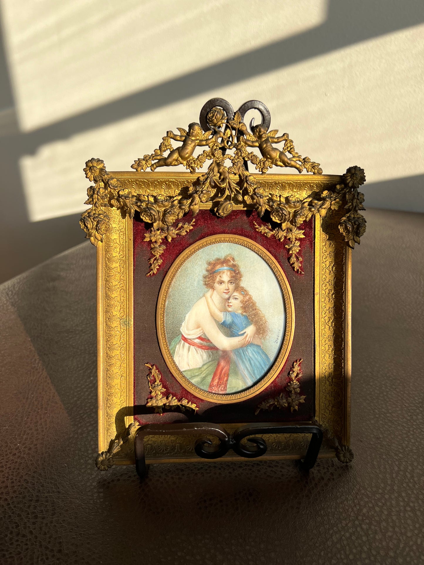 Antique French Mother and Daughter Miniature Portrait Signed Painting, Bronze Framed circa Late 19th Century