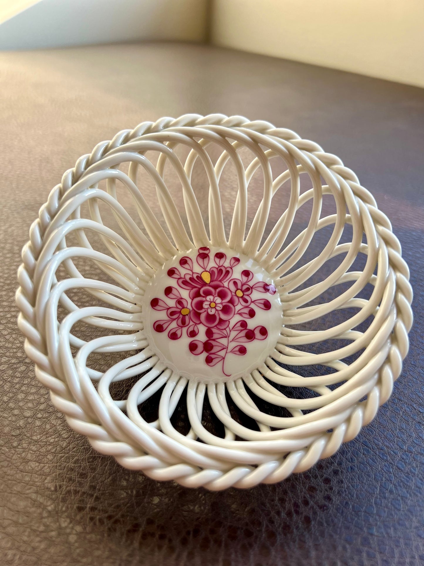 Herend porcelain small openwork basket with pink handpainted flowers