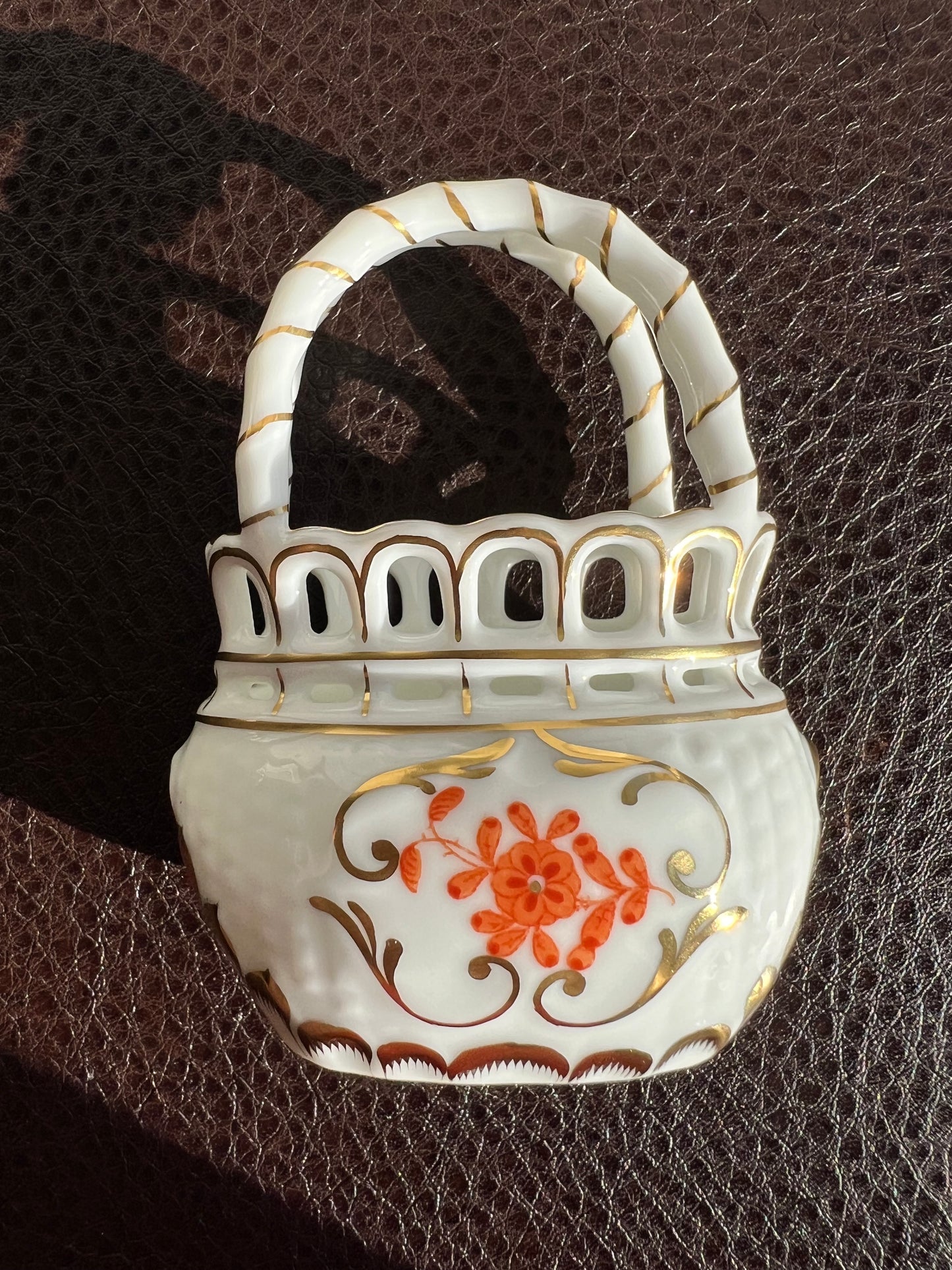 Herend Rust/ Orange Color Bouquet Reticulated Mini Porcelain Basket with Handle - Made in Hungary