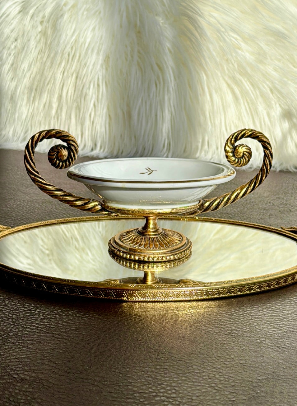 Vintage Victorian Style Porcelain Oval Soap Dish with Gilded Brass Handles