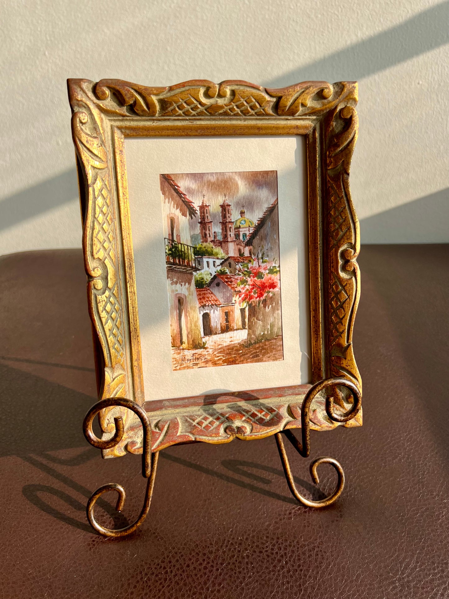 Watercolor Original Art Signed Vintage Painting with Gilded Wooden Frame