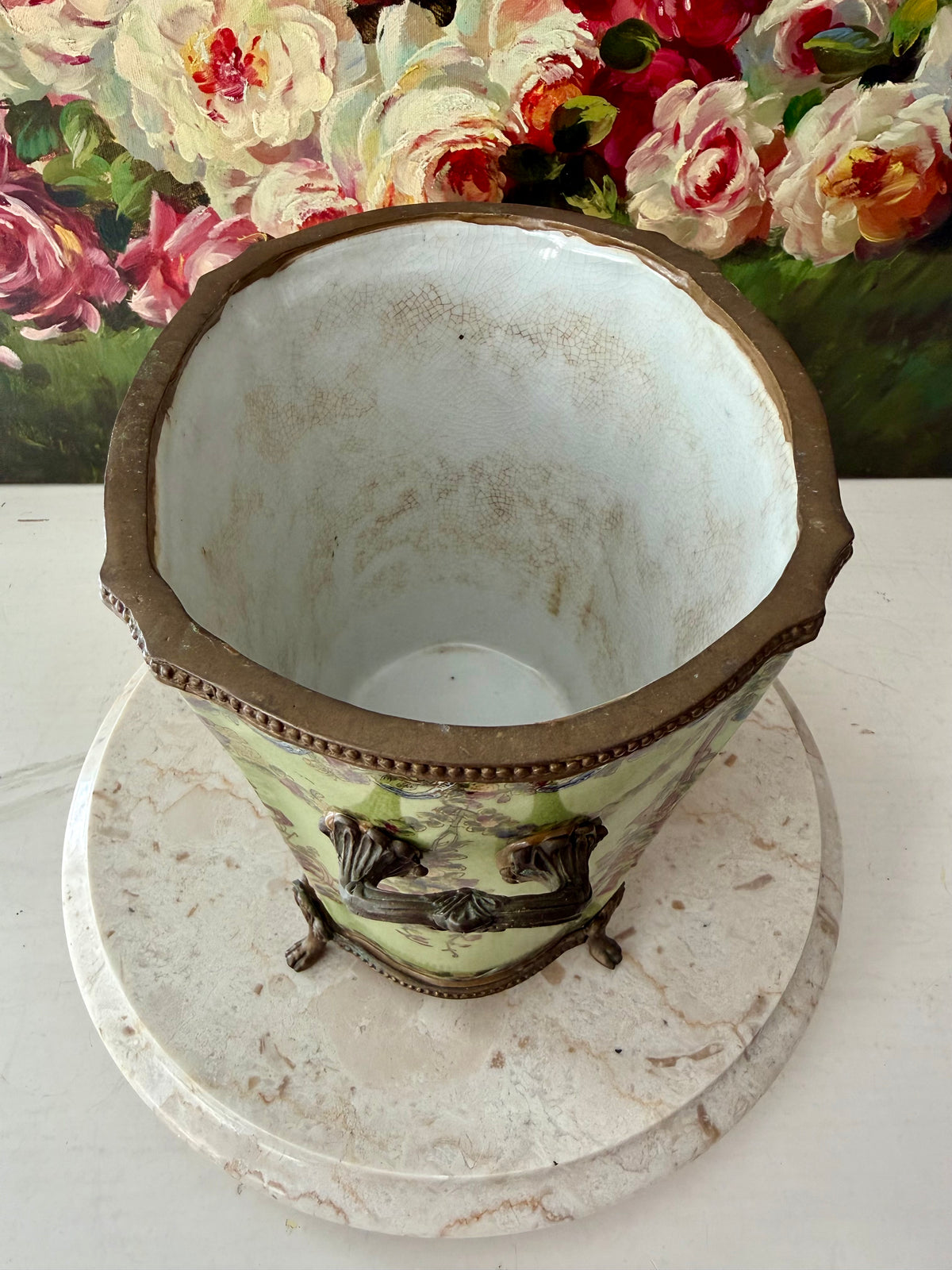 Antique Green Pheasant Bird and Floral Garland Porcelain Brass Footed Cache Pot or Jardiniere
