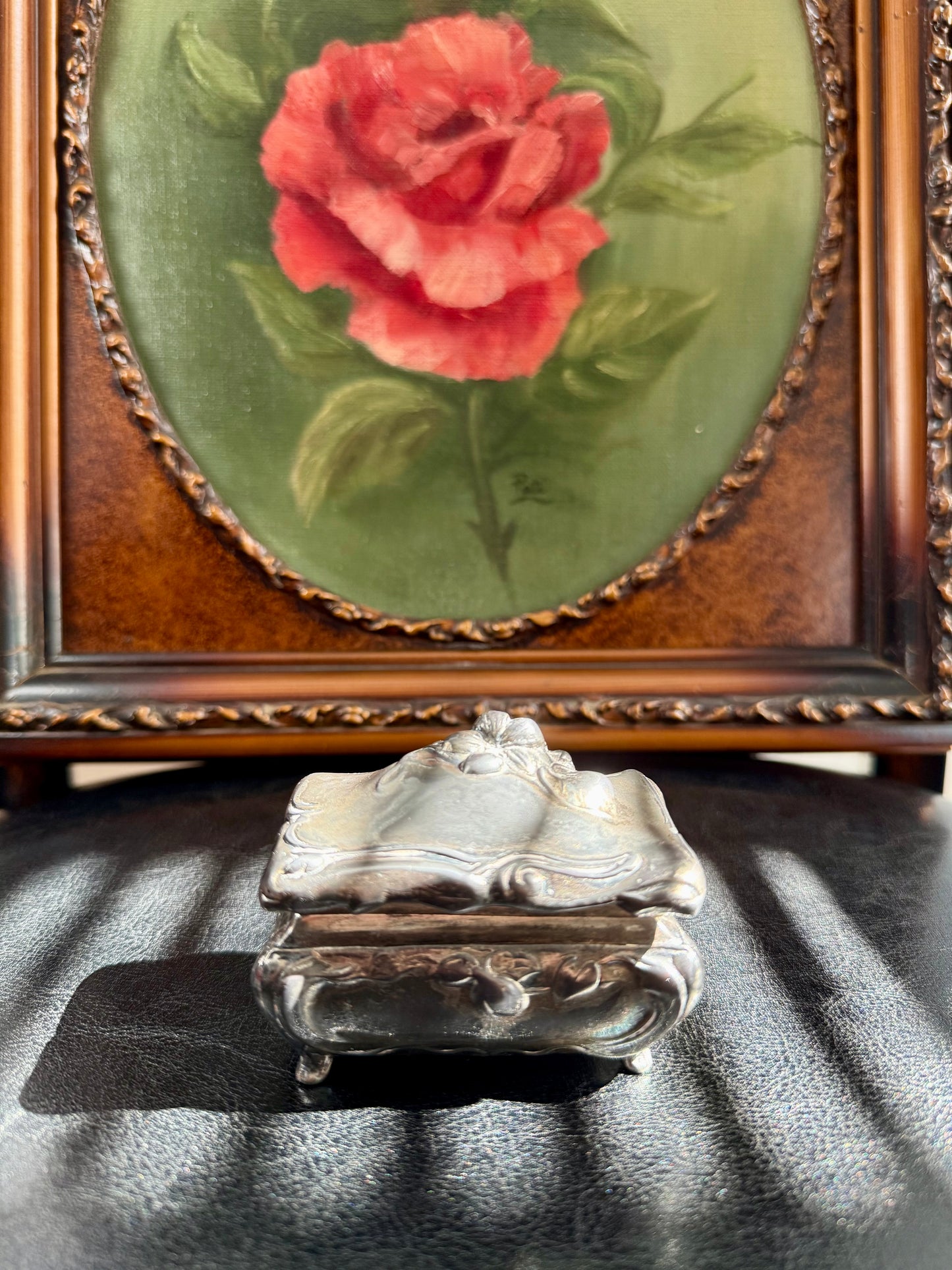 Antique Art Nouveau Metal Floral Casket Jewelry Box, from Early 20th Century, Made by Jennings Brothers (JB 181)