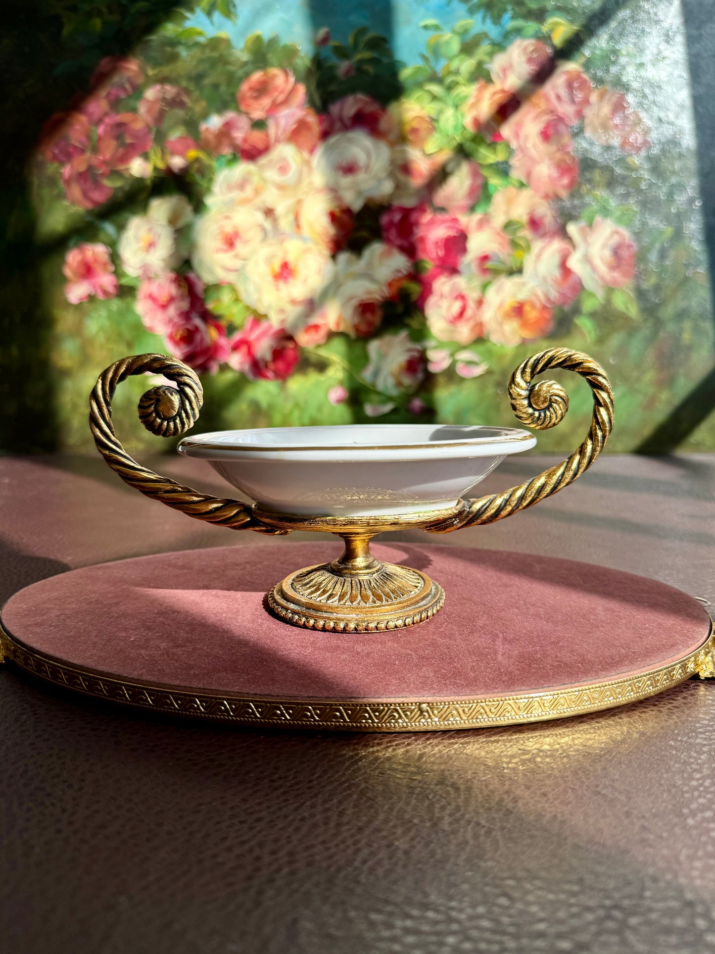 Vintage Victorian Style Porcelain Oval Soap Dish with Gilded Brass Handles