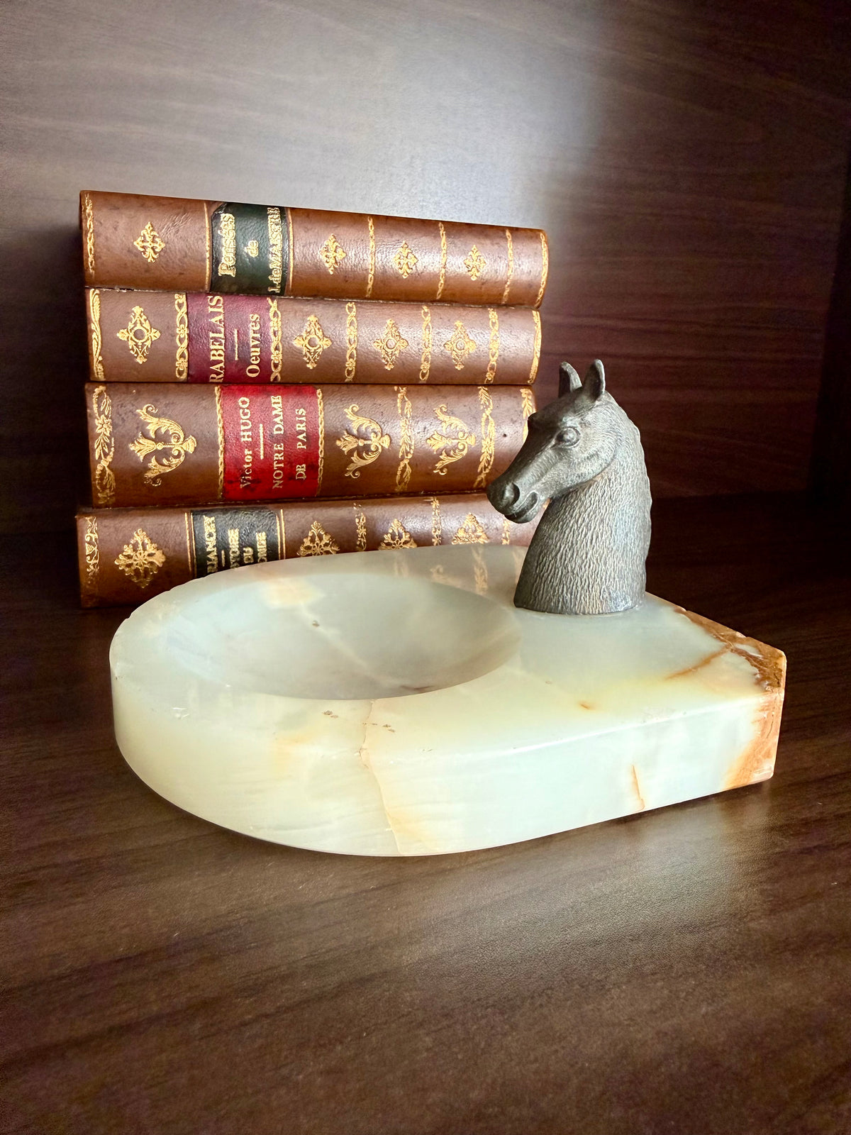 Antique Art Deco Style Bronze Horse Head Statue on Marbel or Green Onyx Ashtray
