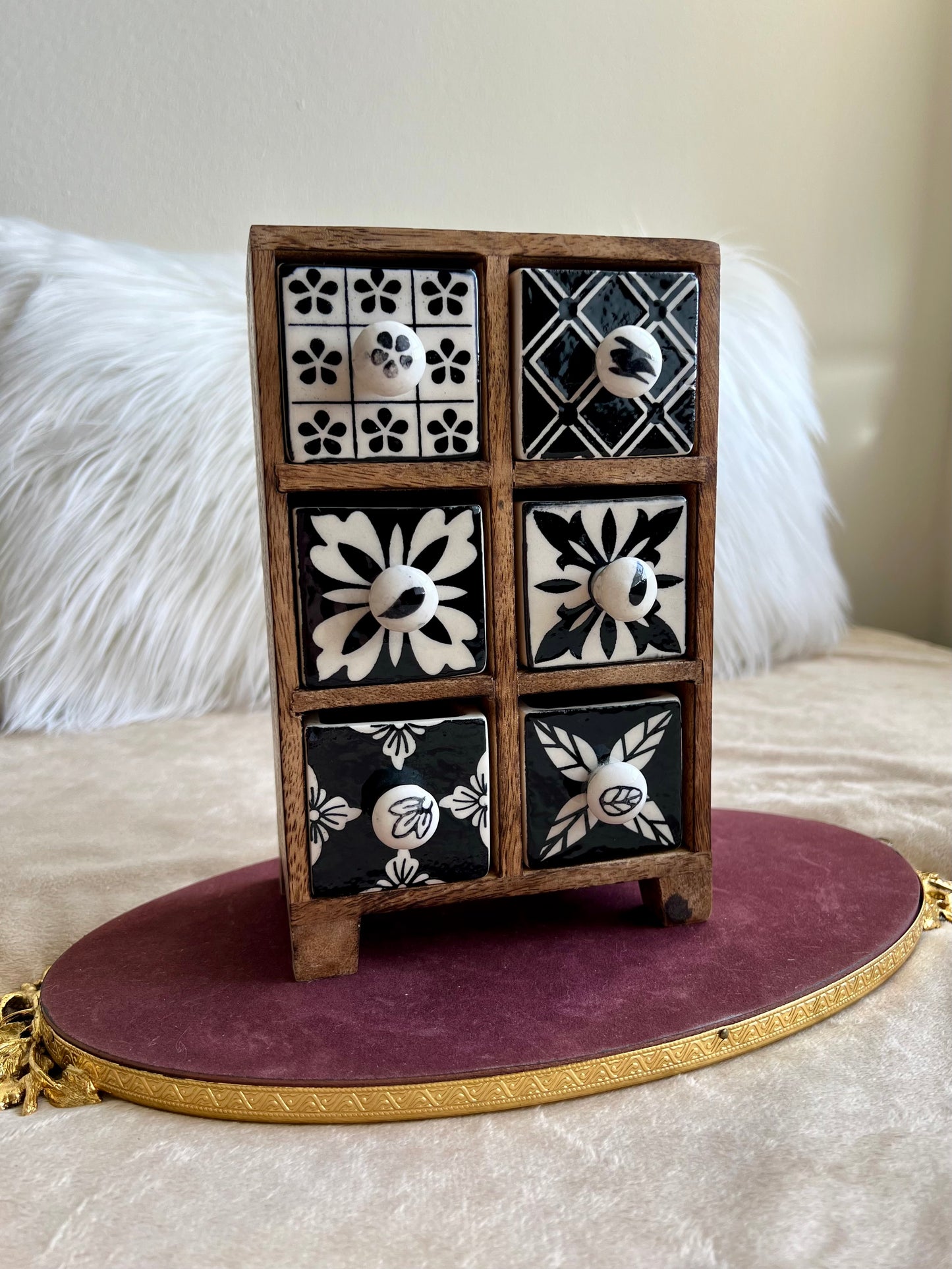 Hand Painted Wooden Chest with Ceramic Drawers and Jewelry Storage