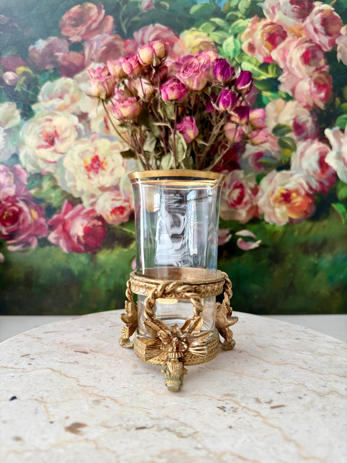Vintage Hollywood Regency Italian Style Gold-plated Brass Ornate Floral Tumbler Stand with Glass Vase