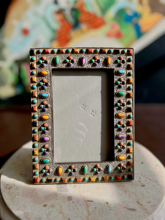 From the 80s or 90s Antique Look Ornate Colorful Semi-Precious Stones in a Vintage Photo Frame