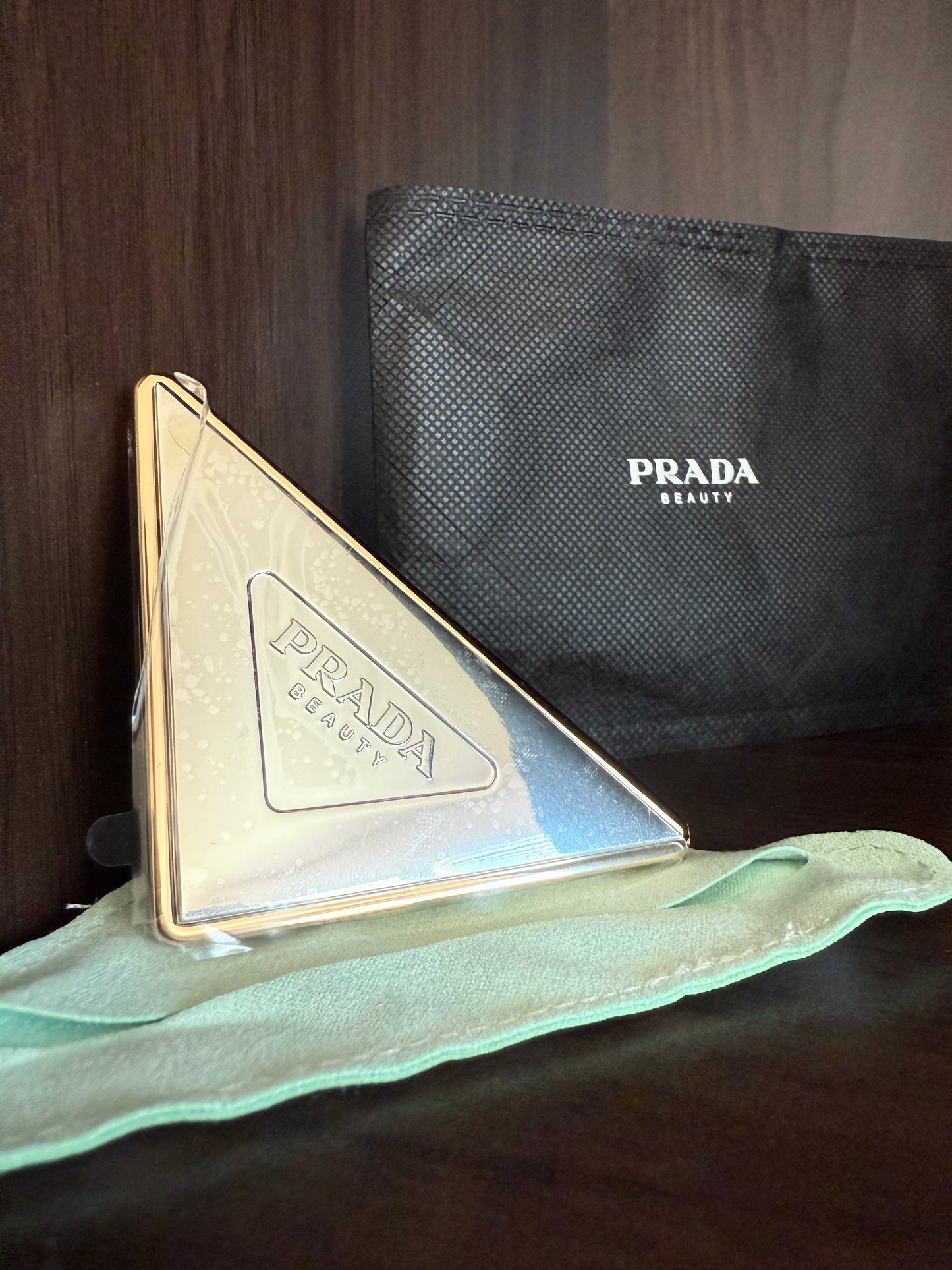 PRADA Beauty Metallic Triangle-shaped Makeup Double Mini Mirror Compact With Pouch Dust Bag - Made in Italy