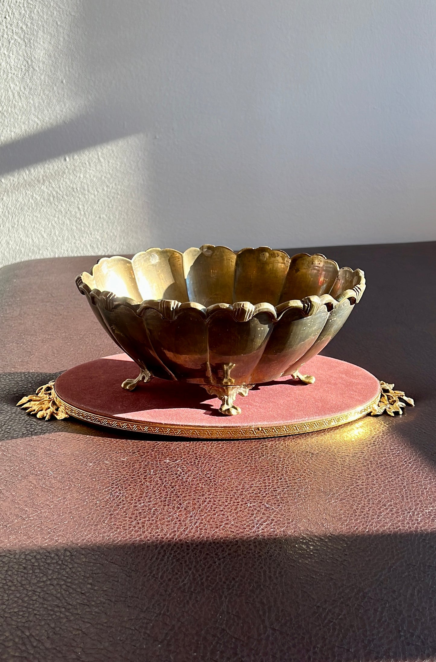 Art Deco Style Vintage Oval Heavy Footed Ornate Brass Scalloped Shaped Medium Size Fruit Bowl