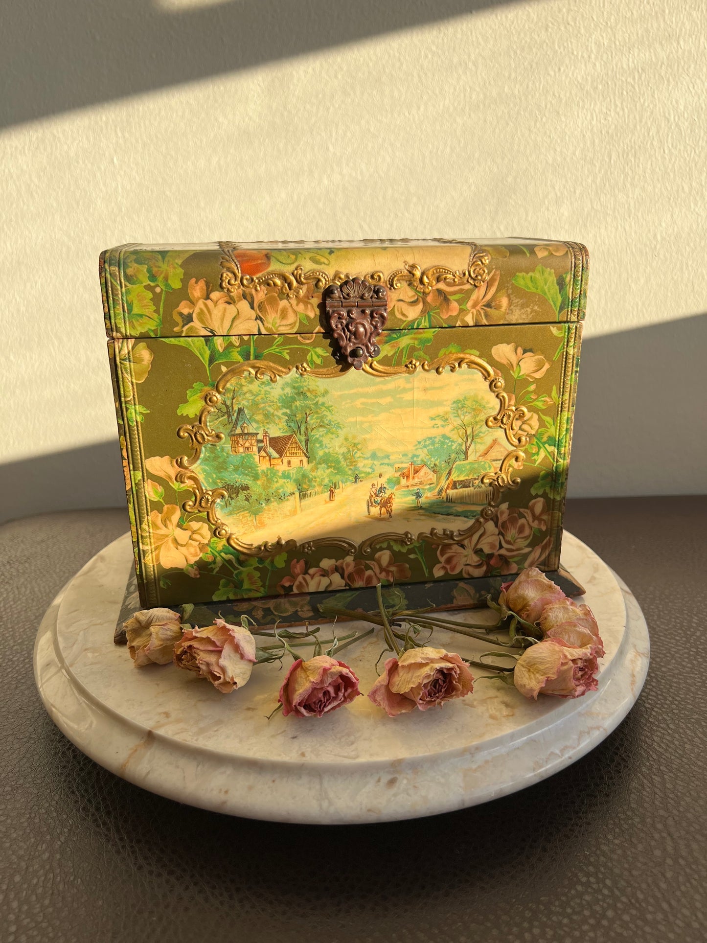 Antique Wooden Decorative Wallpaper Covered Recipe or Trinket Box with Floral Motif and Gilded Painting Design