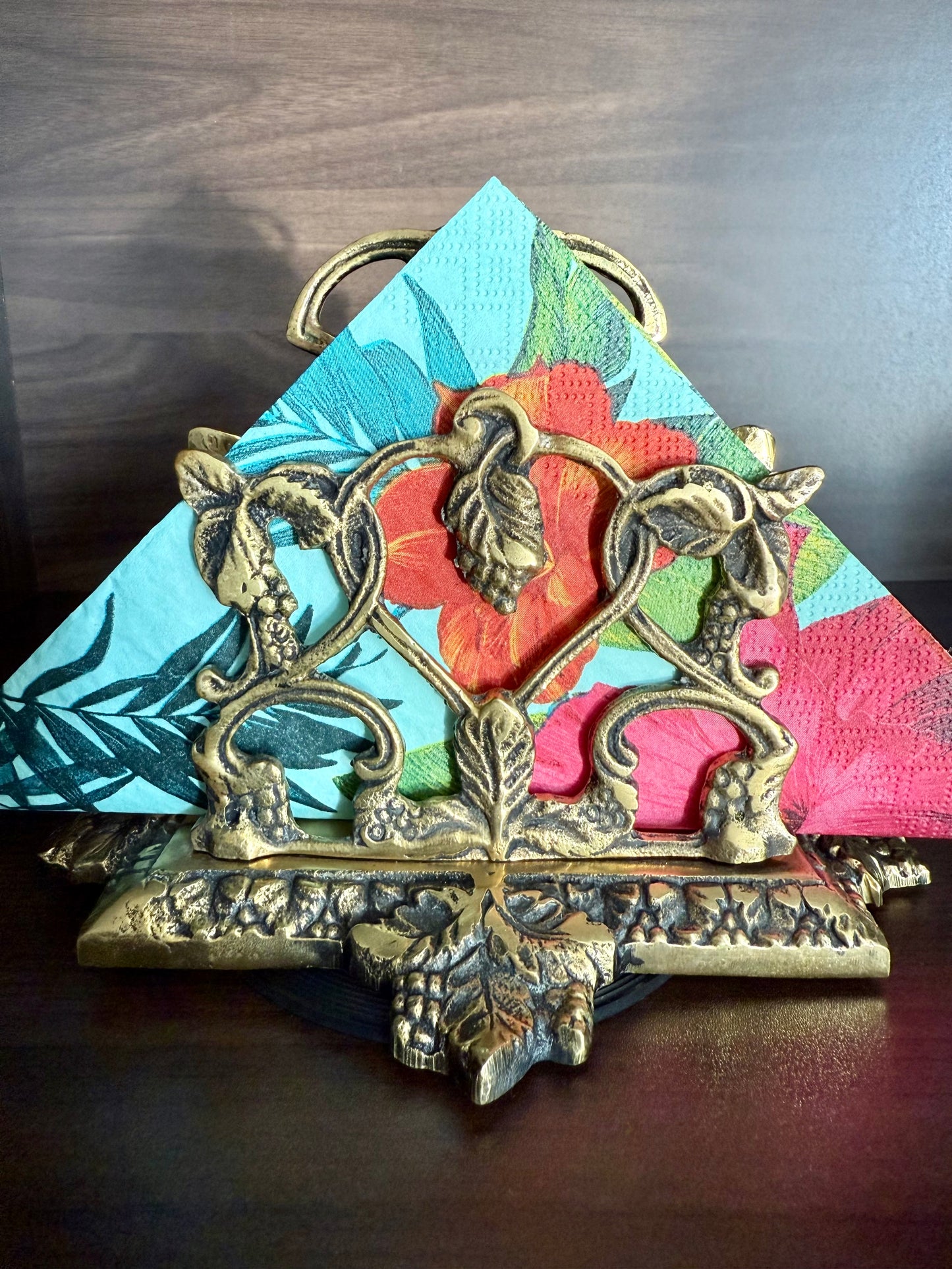 Vintage Brass Letter or Napkin Holder Desk Organizer with Grape Leaf Decoration, Made in England