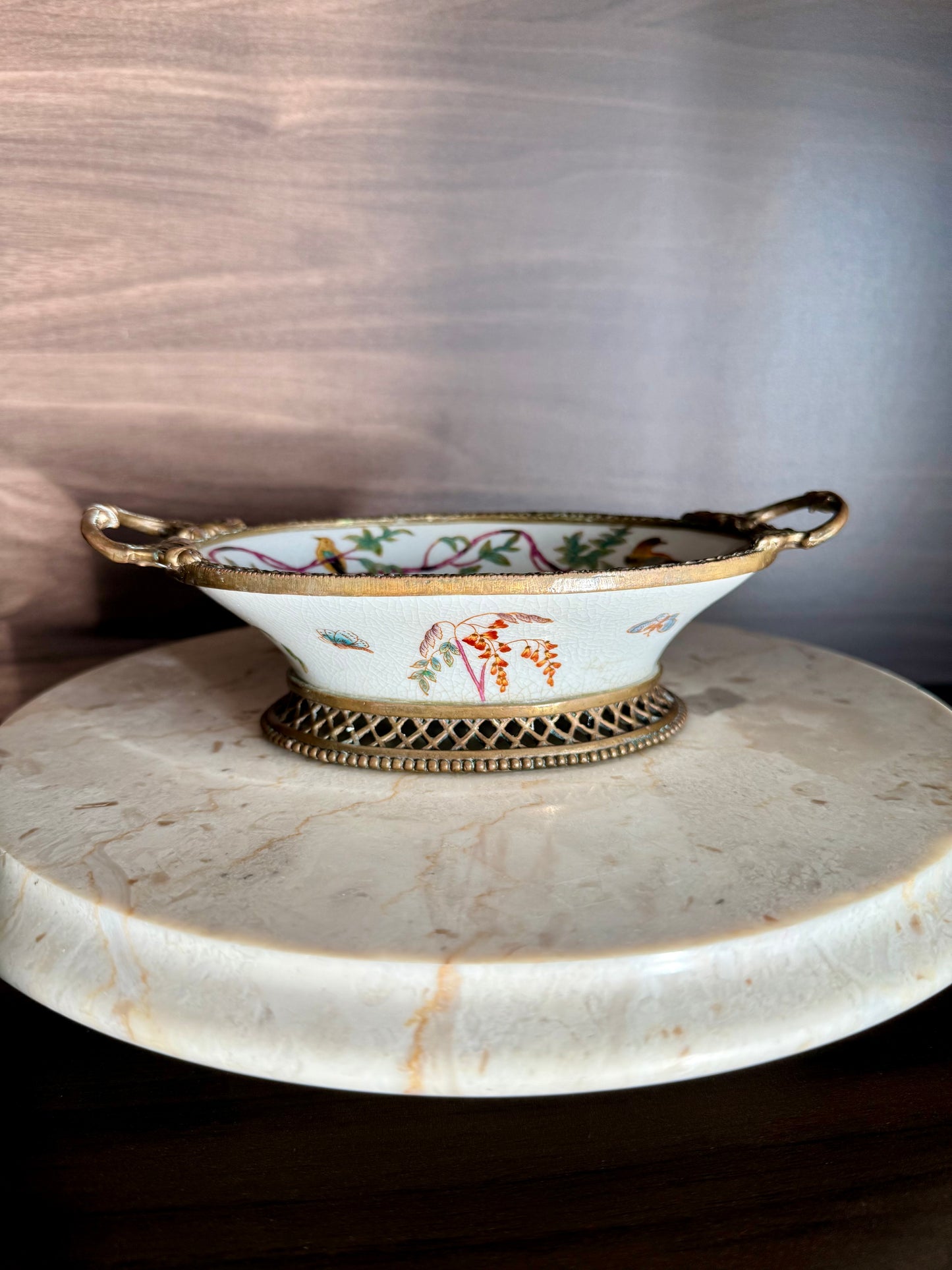 Beautiful Vintage Oval Soap Dish with Brass Feet and Handles with Floral and Bird Motif