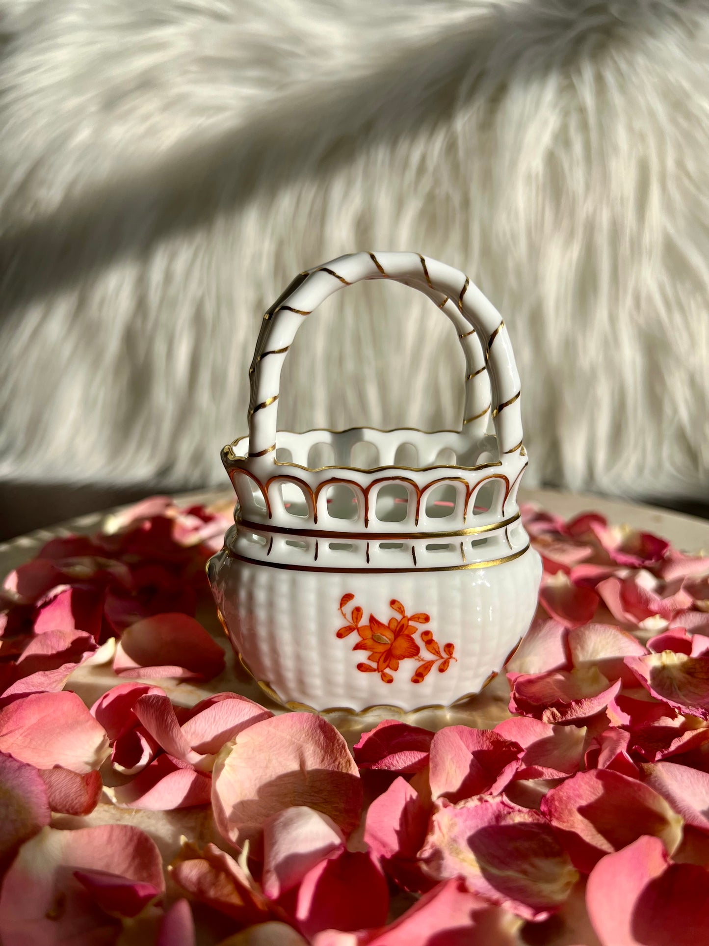 Herend Chinese Rust/ Orange Bouquet Reticulated Mini Porcelain Basket with Handle - Made in Hungary