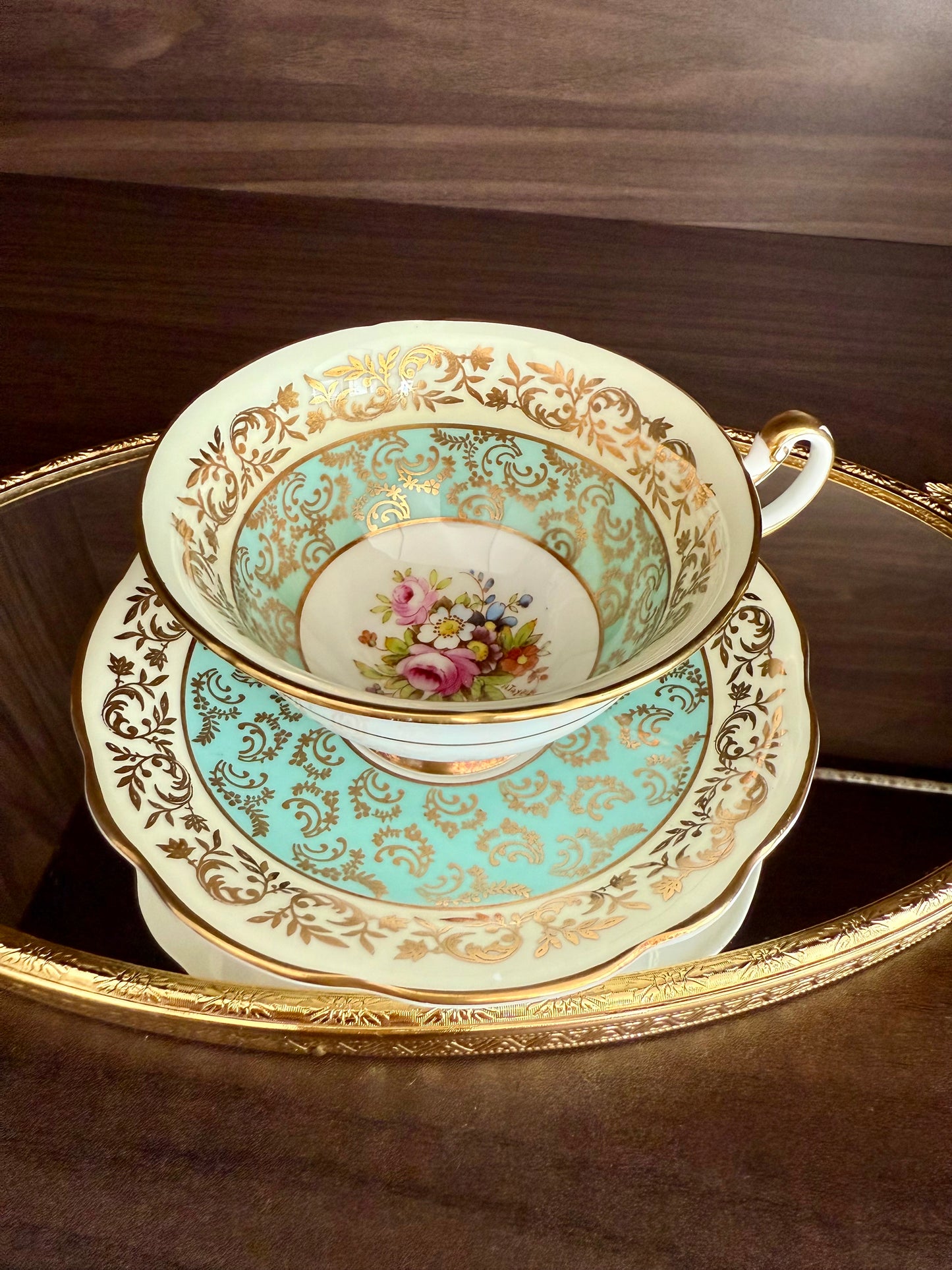 1950s Paragon Fine Bone China Vintage Aqua Green, Gold and Floral Porcelain Tea Cup and Saucer Set, Made in England