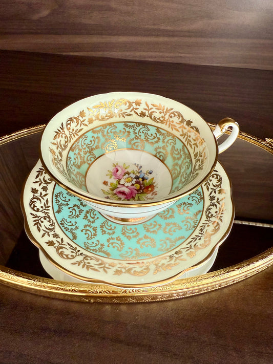1950s Paragon Fine Bone China Vintage Aqua Green, Gold and Floral Porcelain Tea Cup and Saucer Set, Made in England