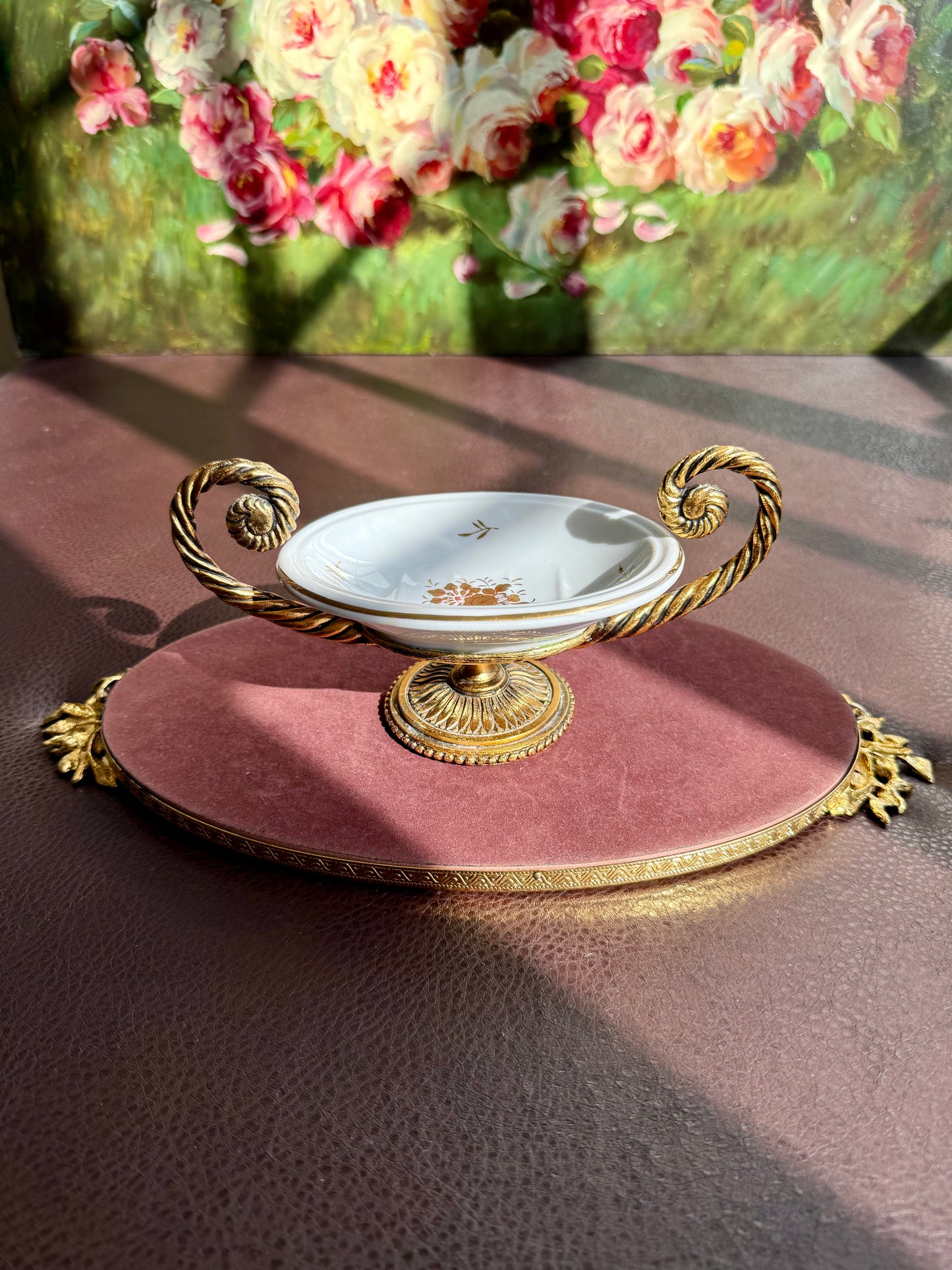 Vintage Victorian Style Porcelain Oval Soap Dish with Gilded Brass Handles