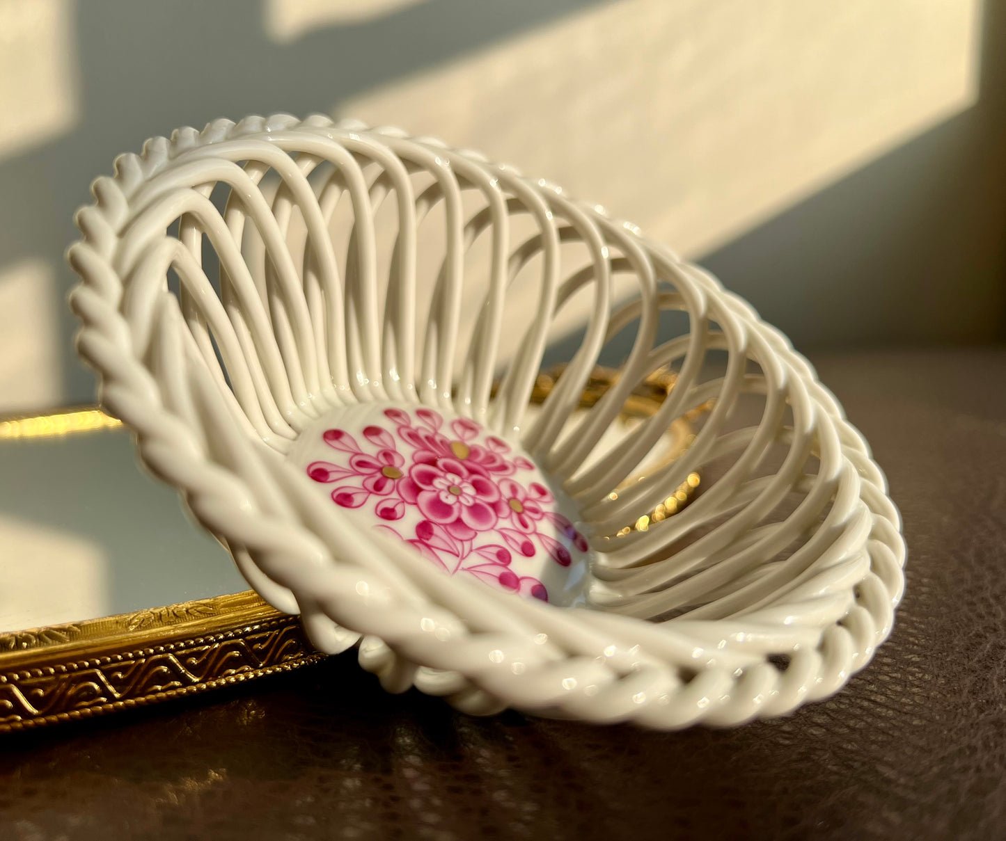 Herend porcelain small openwork basket with pink handpainted flowers