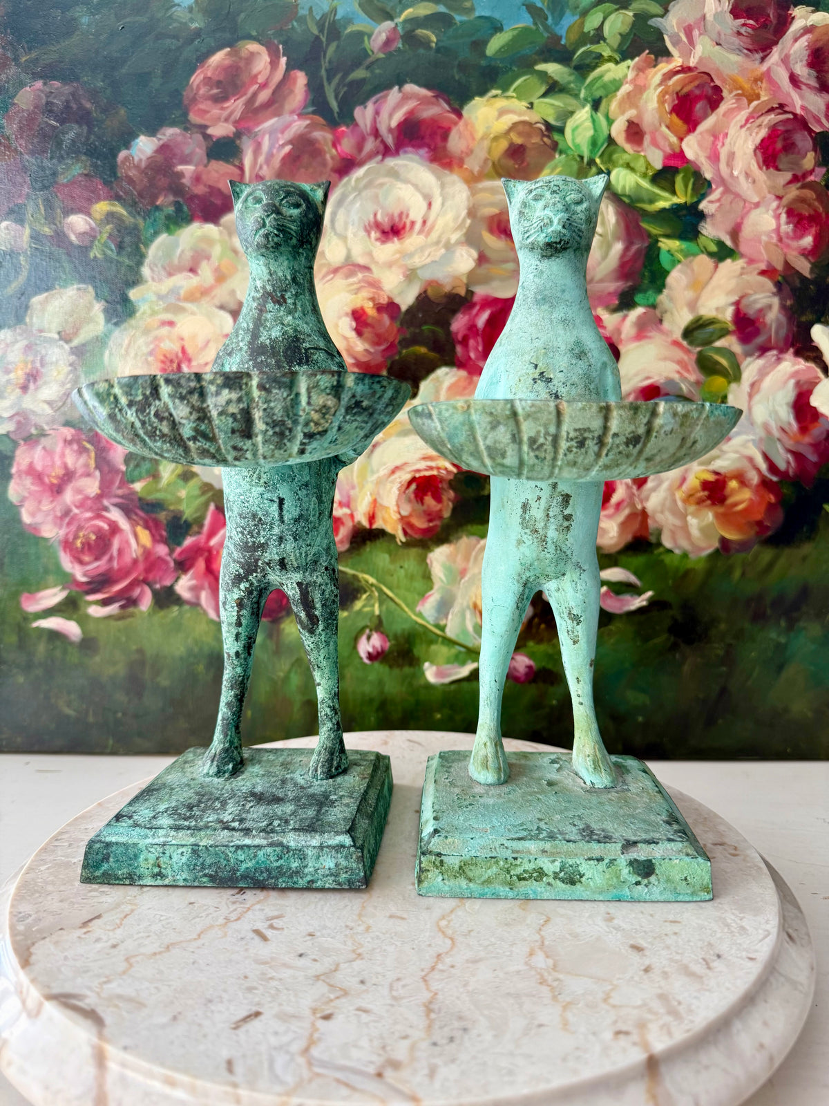 Antique Diego Giacometti-Style Patinated Bronze "Cat Butler" Statues, often used as Soap Dishes, Business Card Holders, or Trinket Trays - This price applies to a single item only!