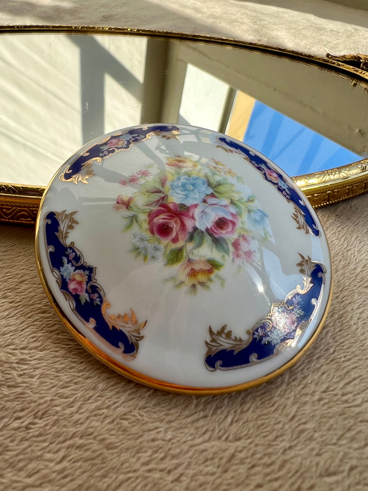 Limoges Jewelry, Vintage Trinket Box Gold, Blue, Floral Porcelain