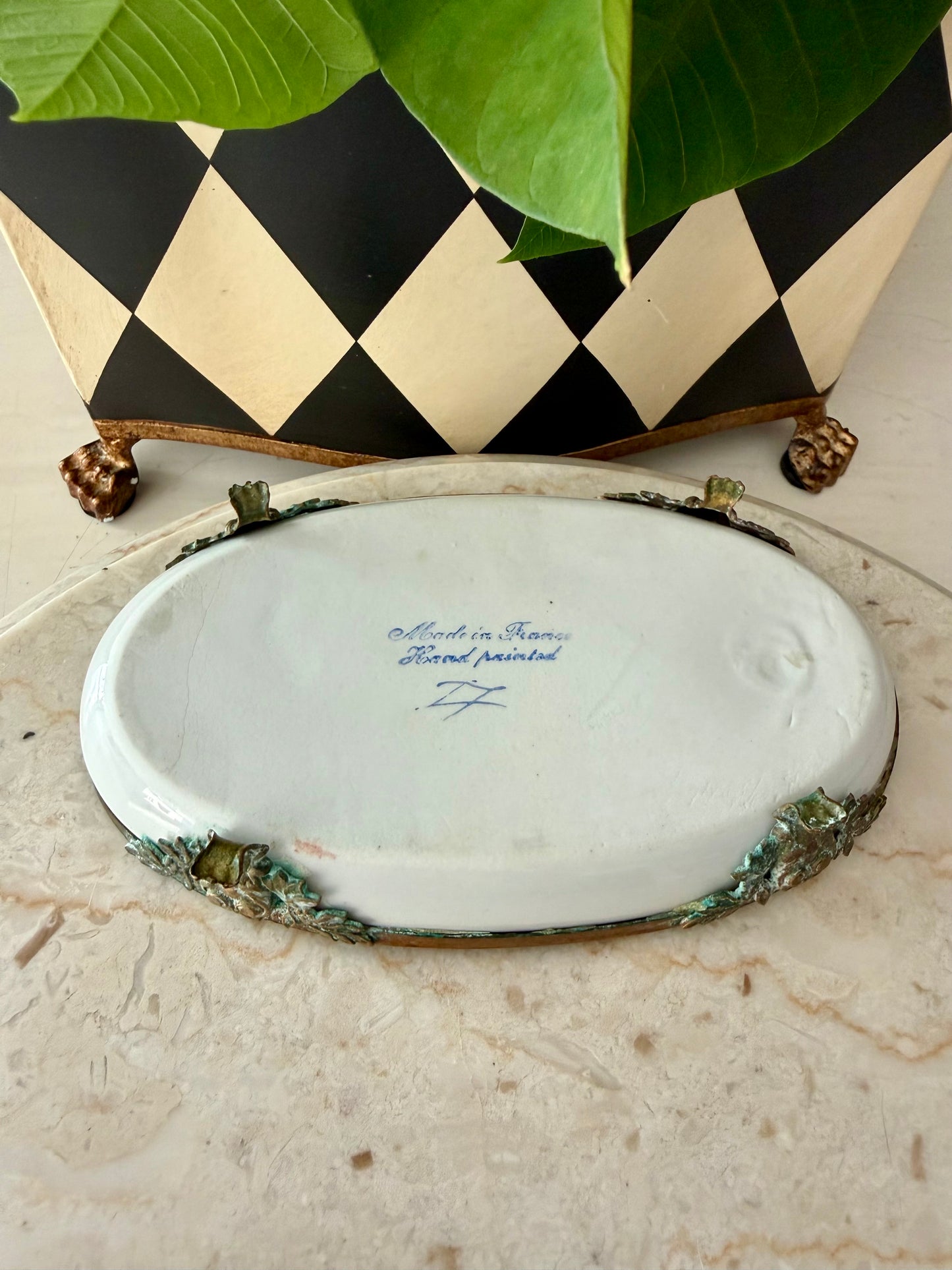 Antique Sévres Style Brass Footed and Hand-painted Oval Porcelain Decorative Soap Dish - Made in France