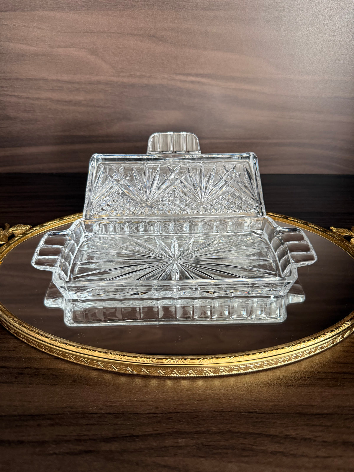 Vintage Cut Crystal Glass Butter Dish with a "Cherrywood Clear" Style Pattern