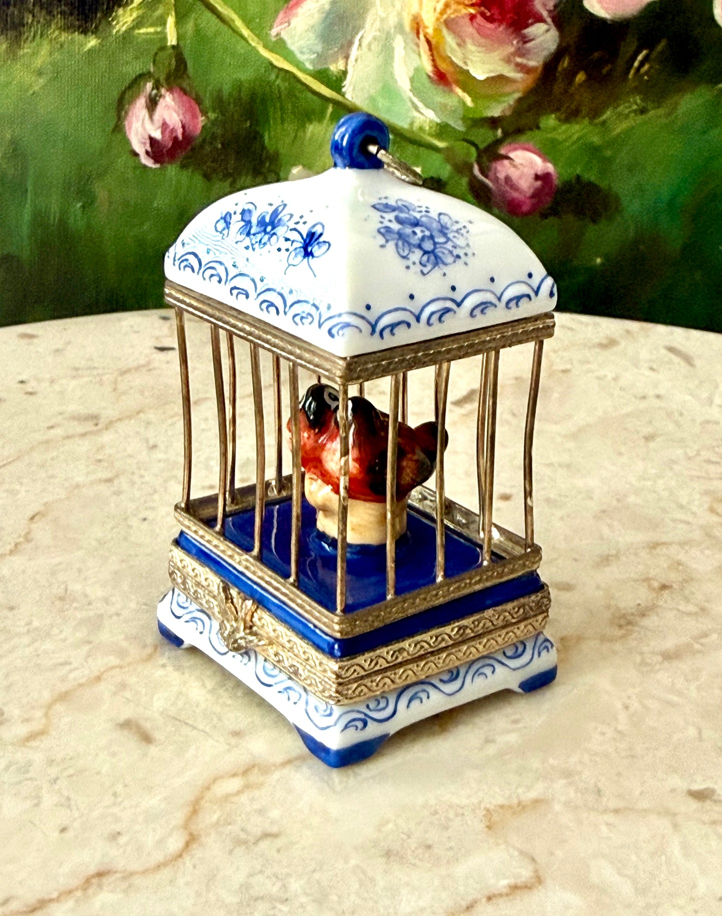 French Limoges Hand-painted Vintage Porcelain Love Birds in Cage Trinket/ Pill or Jewelry Box