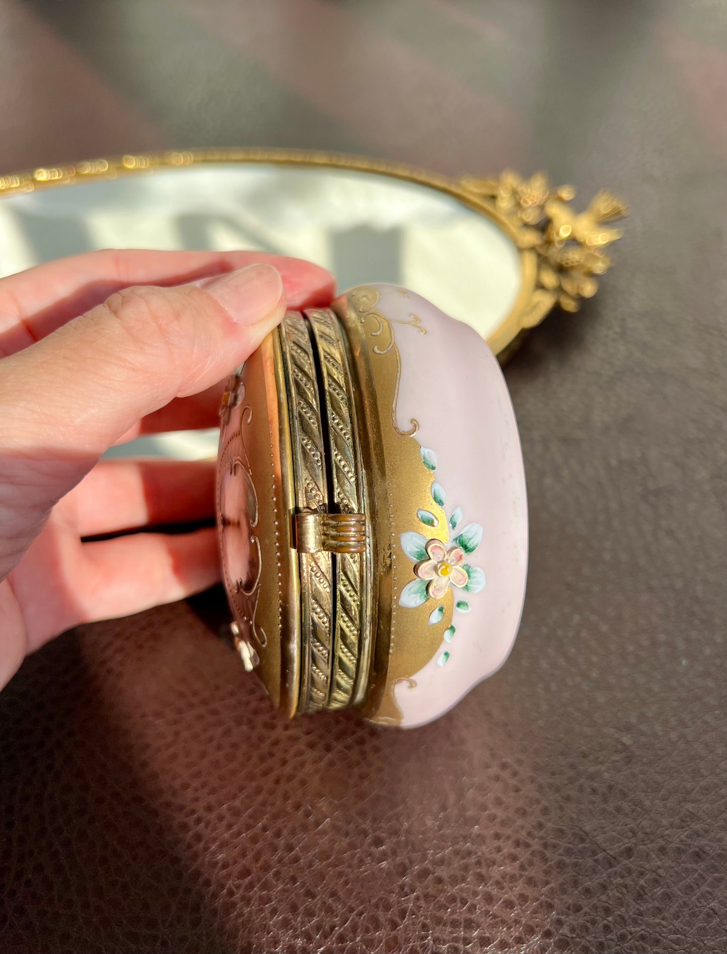 Vintage or Antique Porcelain Trinket Box with Hinged Lid & Applied Flowers and Gold Trim